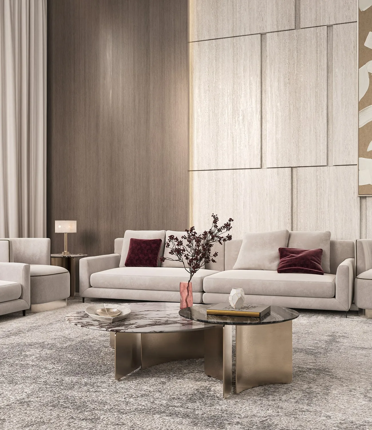 Luxury interior design featuring marble tables and textured walls in Riyadh.