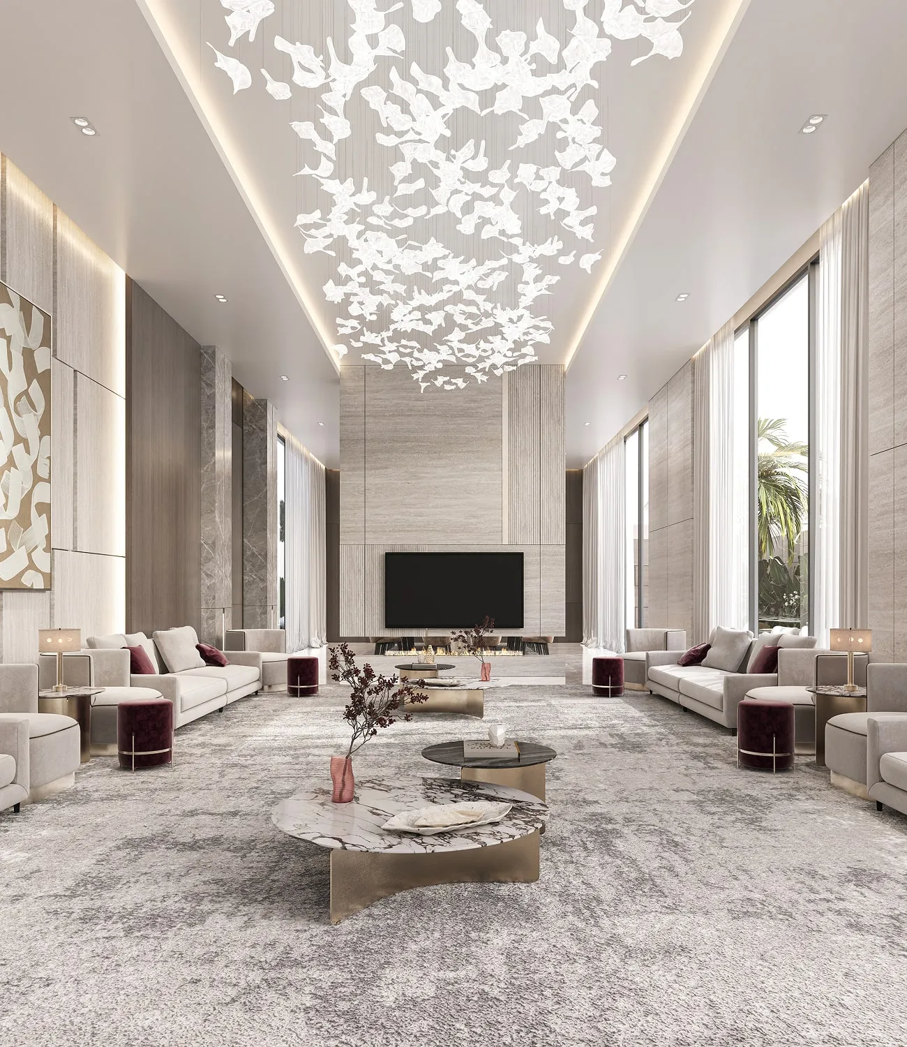 Luxury living room interior design with high ceilings, chandelier and marble tables.