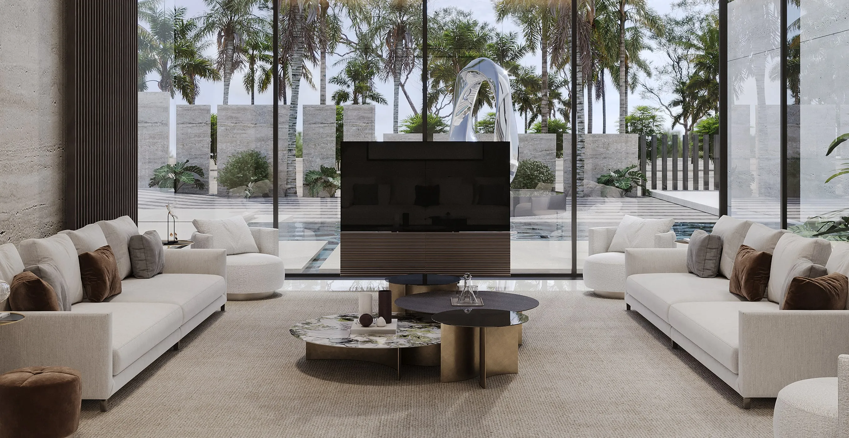 Modern living room interior design for a villa in Riyadh with expansive glass windows.