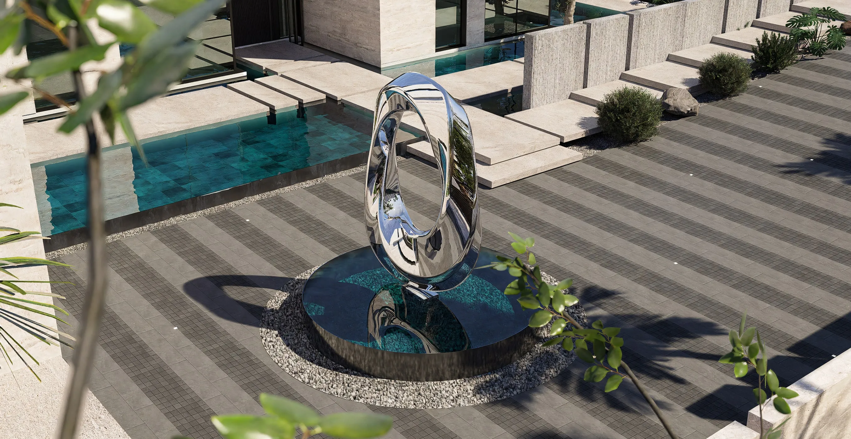 Modern villa exterior design with starlight flooring and water feature in Riyadh.