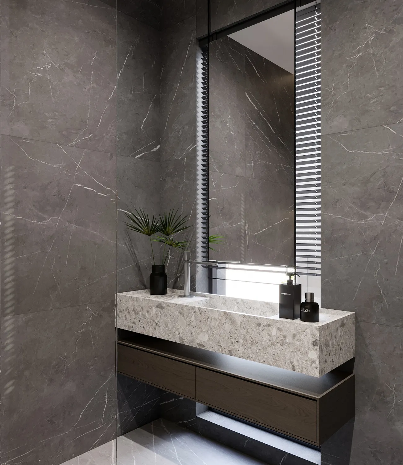 Modern bathroom interior design with marble finishes in a luxury villa in Kampala.