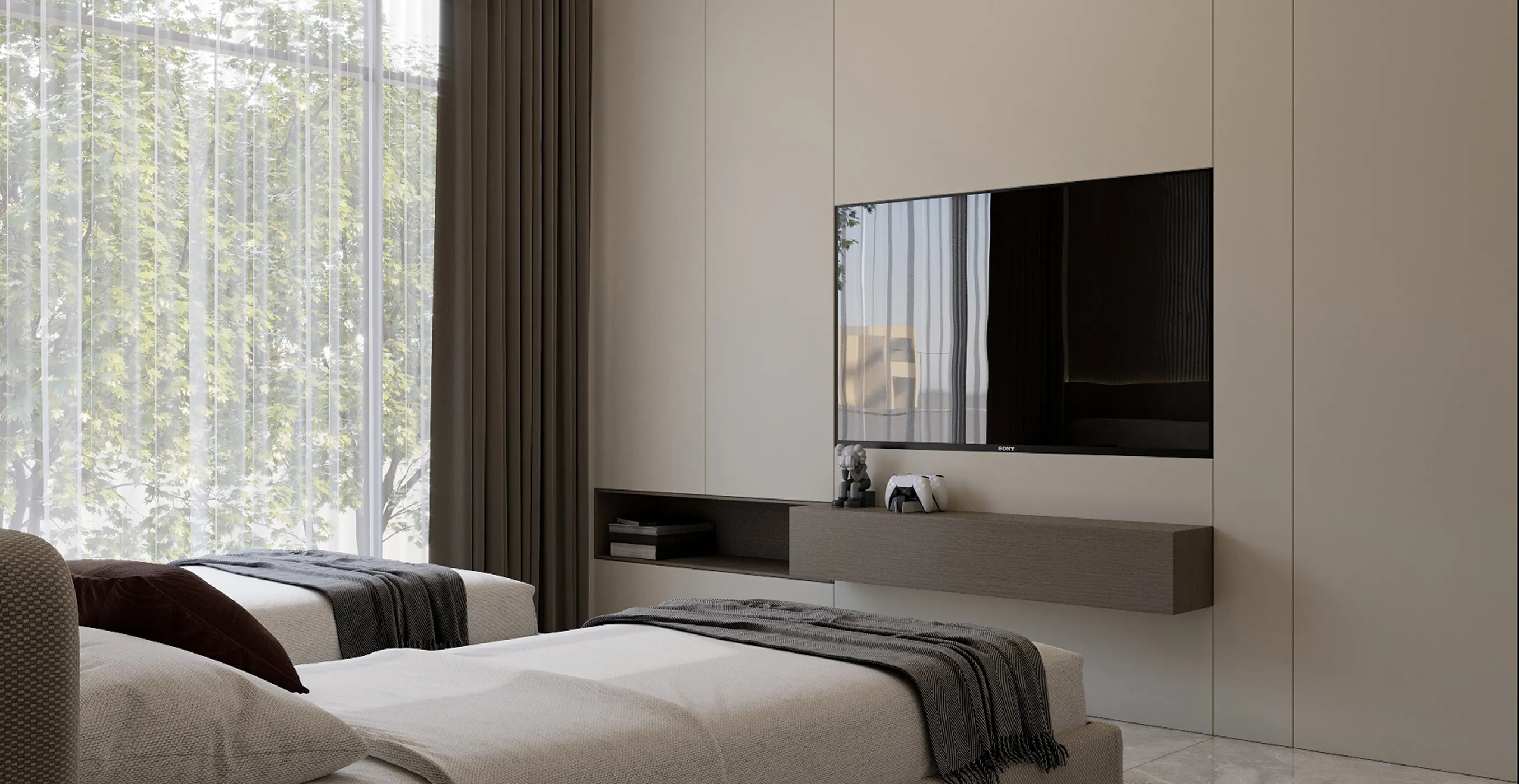 Modern bedroom interior design with twin beds and expansive windows in Kampala.