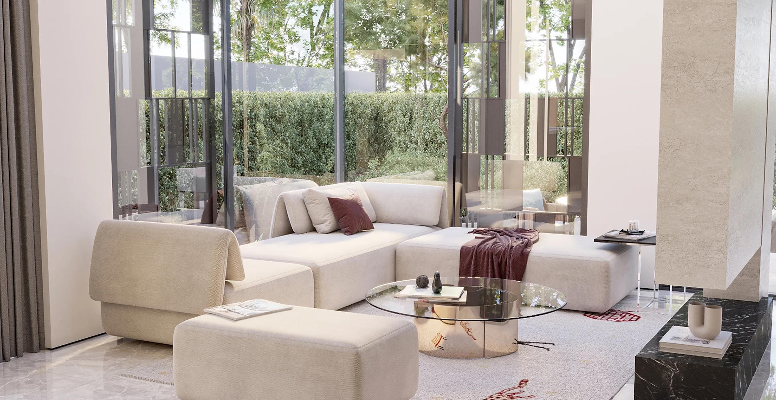 Modern living room interior design with floor-to-ceiling windows and modular sofas.