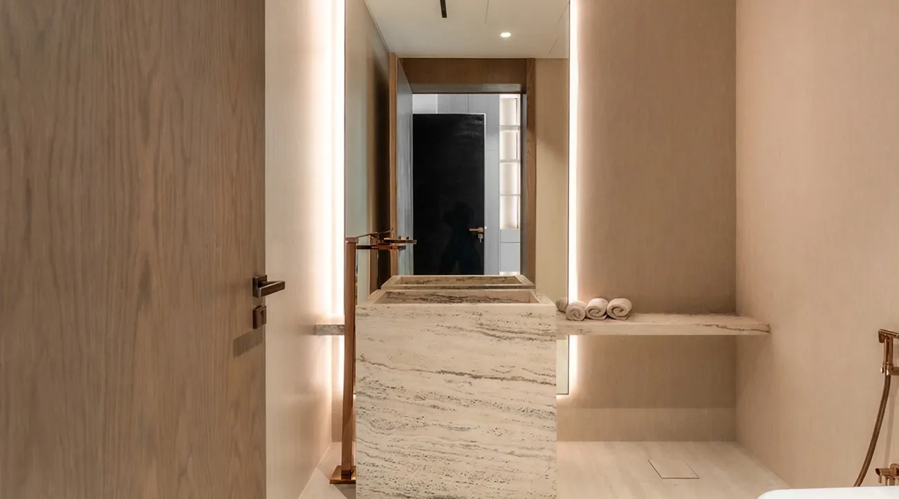 Custom-designed modern bathroom in a private villa, The Nest, Al Barari.