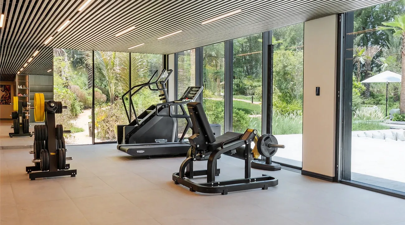 Contemporary gym in a luxury villa featuring expansive glass