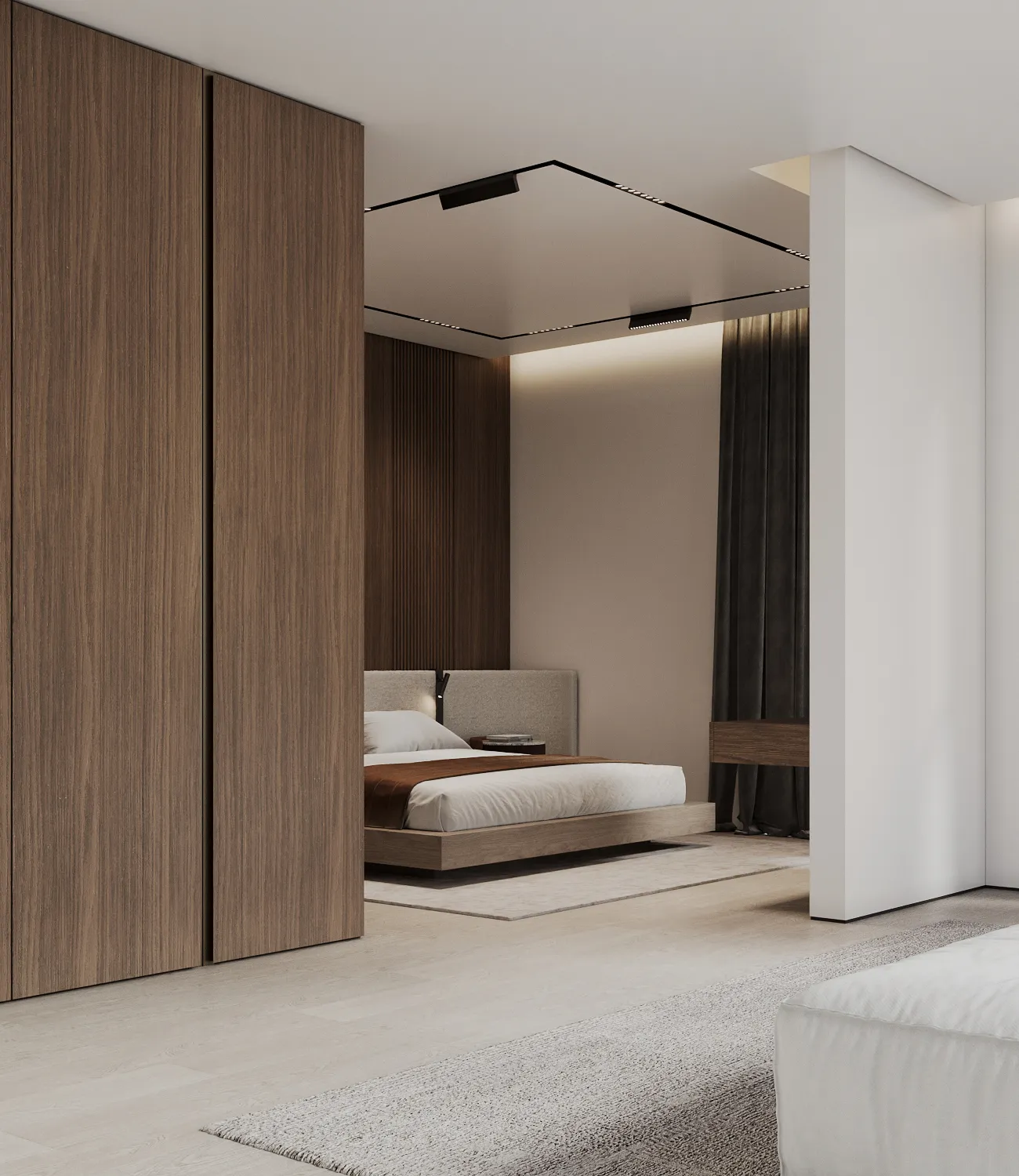 Contemporary bedroom interior with soft lighting and a natural color palette in a private villa.