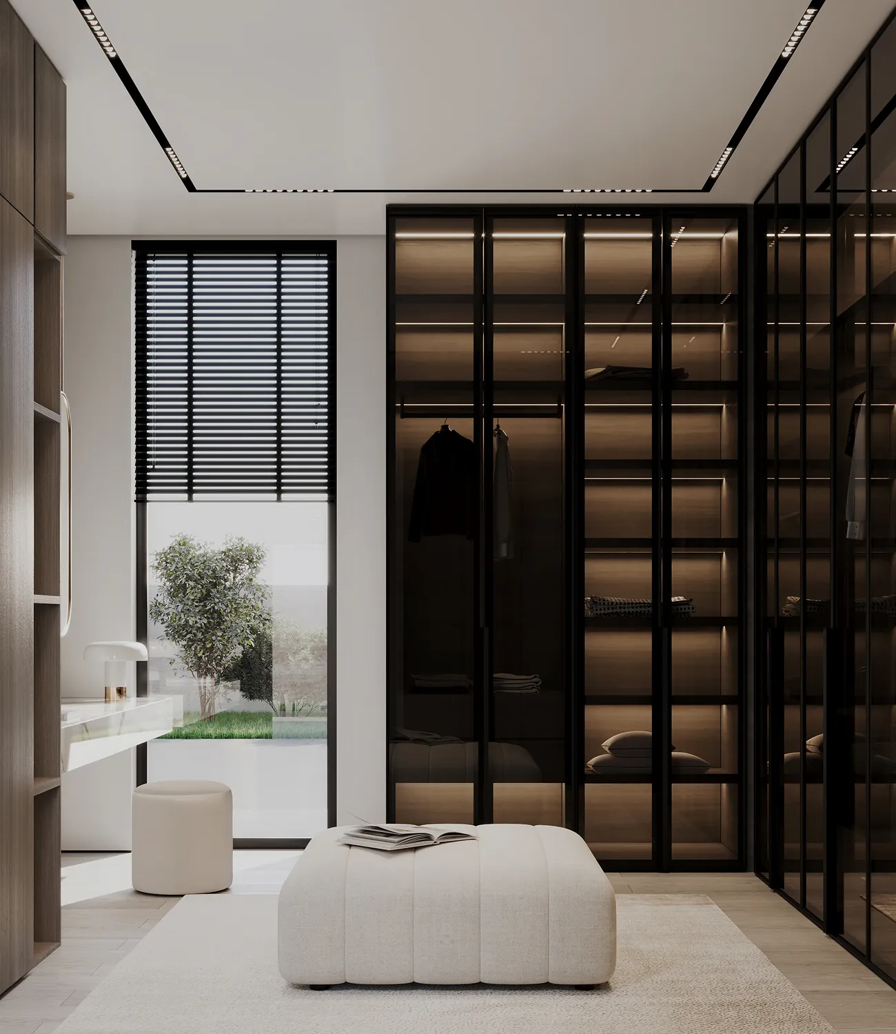 Luxury walk-in closet with custom wardrobes, vanity, and minimalist track lighting.