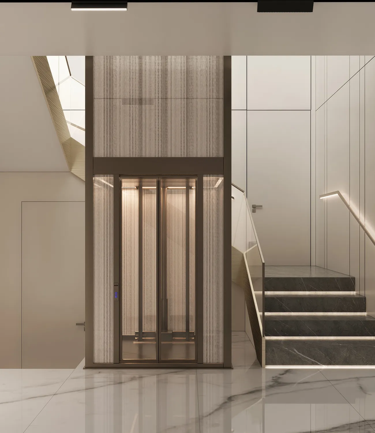 Modern interior with a glass elevator and a staircase with glass railing.