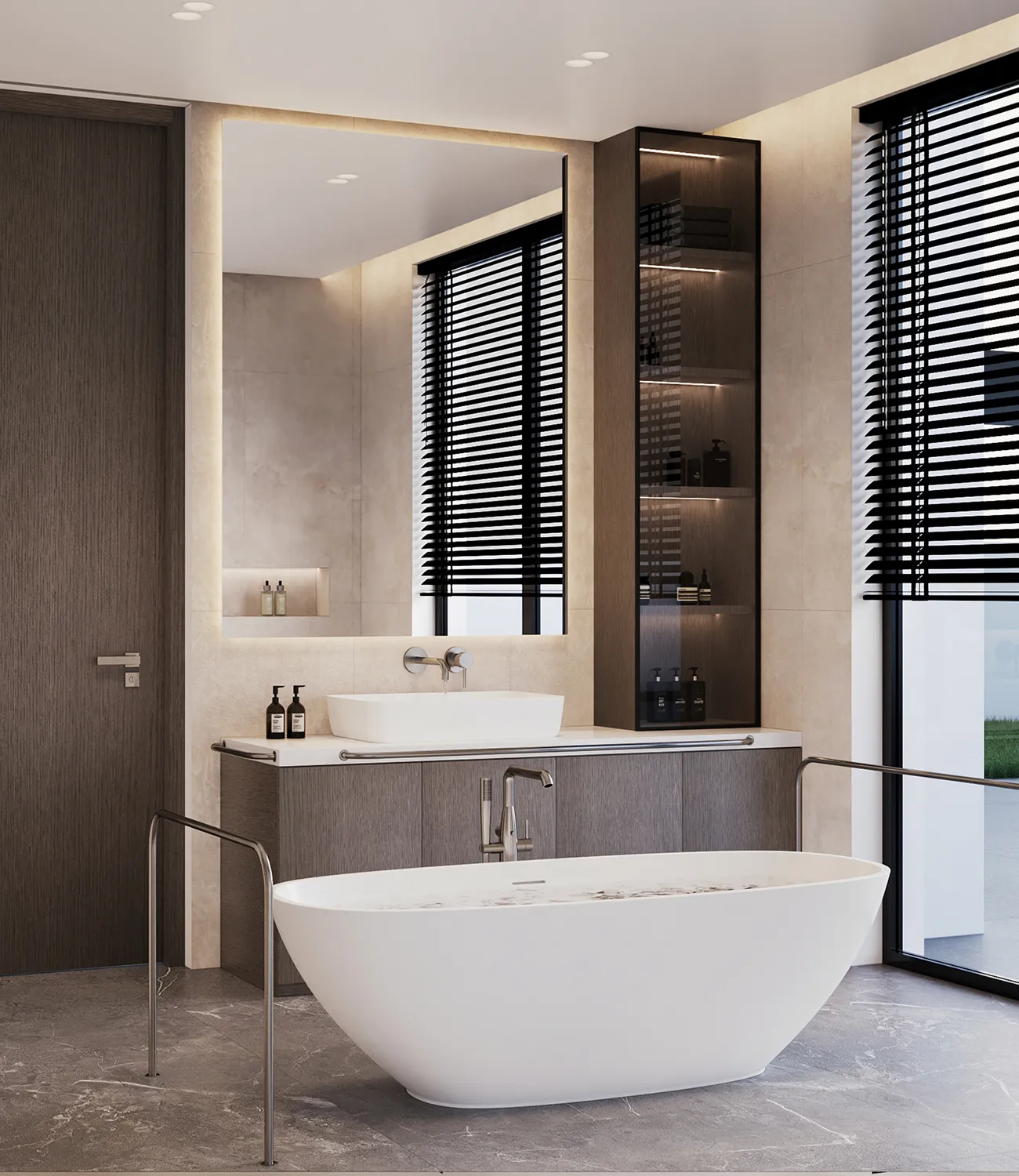 Modern bathroom design featuring a freestanding tub and dark wood vanity.