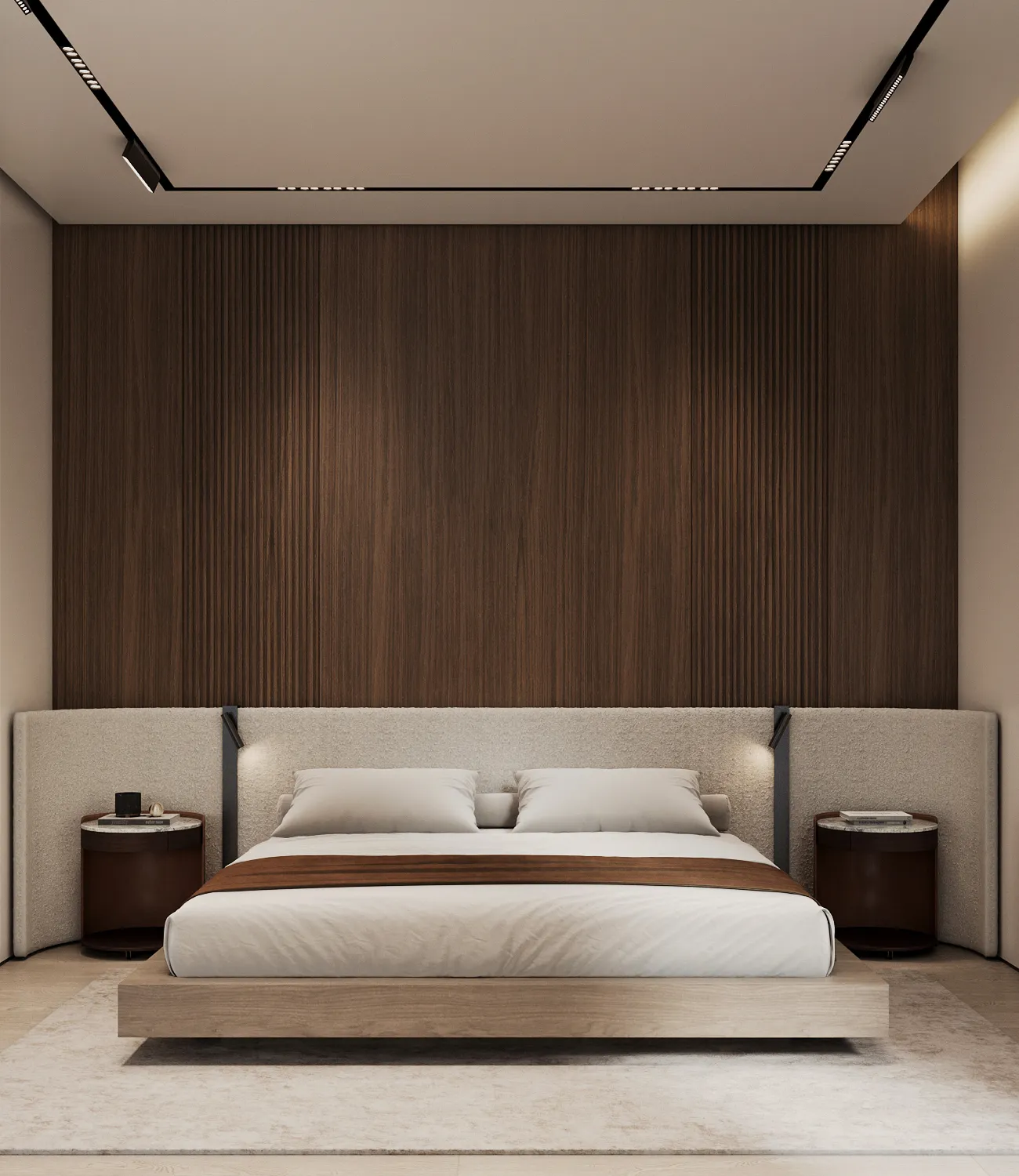 Modern bedroom interior design with upholstered bed and dark fluted wood accent wall.