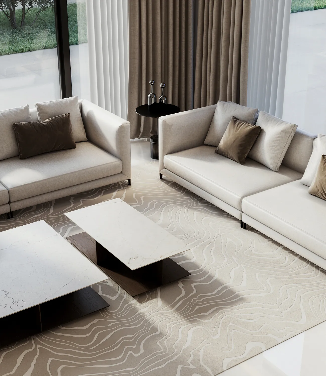 Modern living room interior with modular sofas, marble tables, and expansive windows.