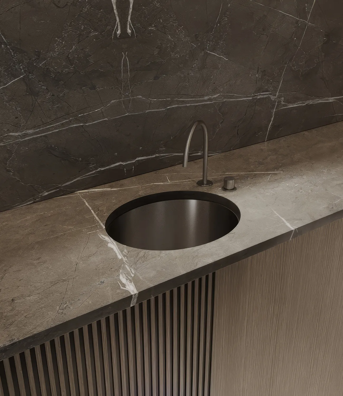 Modern vanity interior with chrome tap and veined marble countertop.