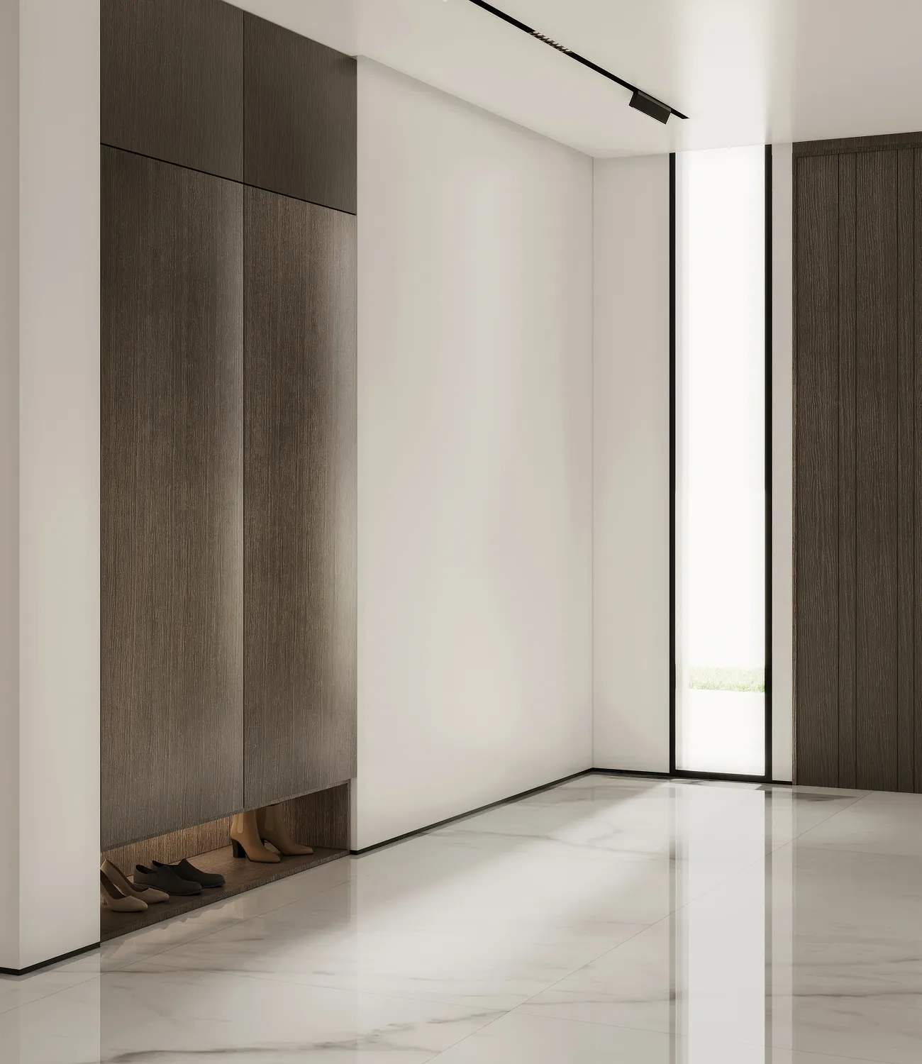 Contemporary space in a private villa with custom cabinetry and marble flooring.