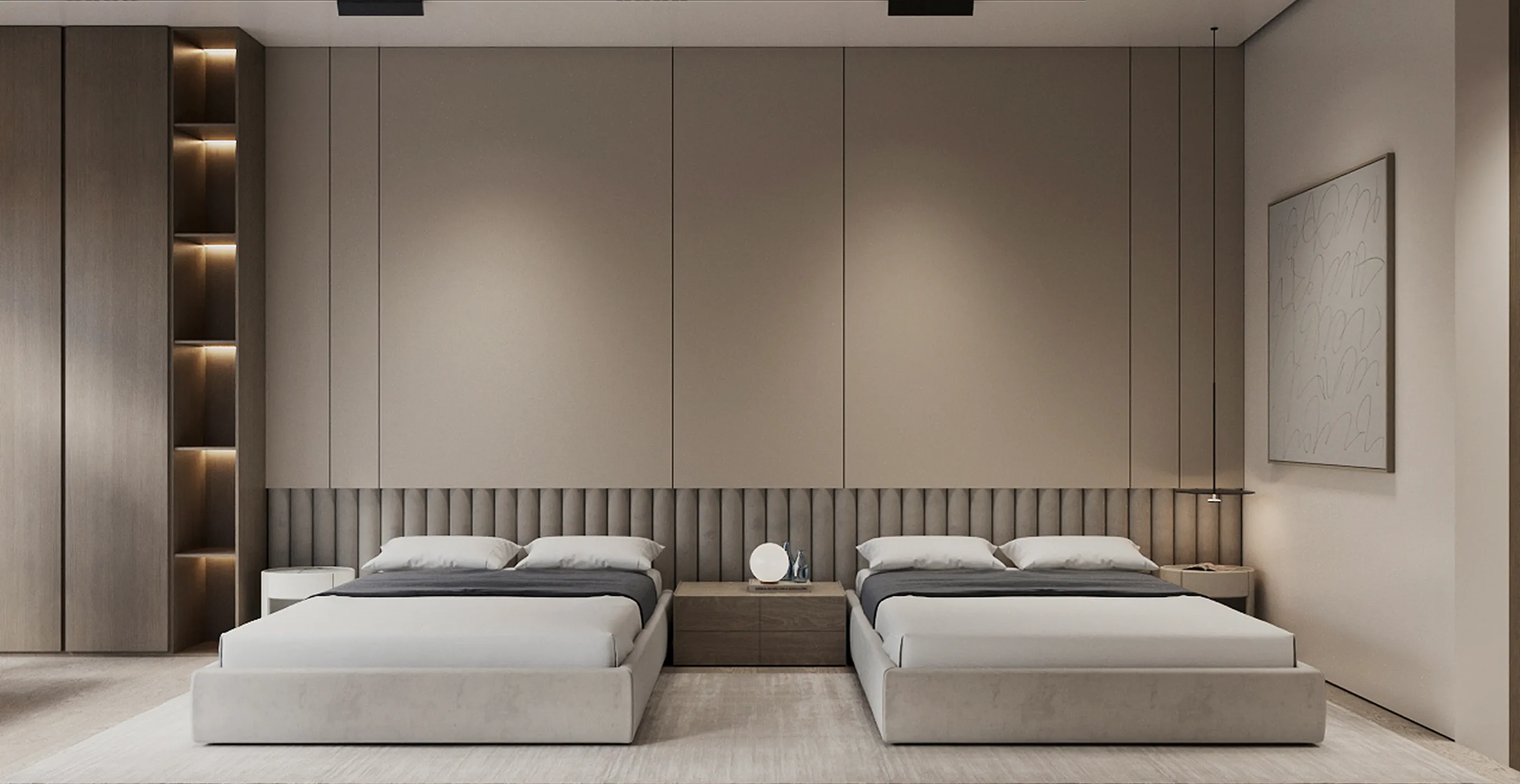 Modern twin bedroom interior with accent wall, shelf unit, and minimalist art.