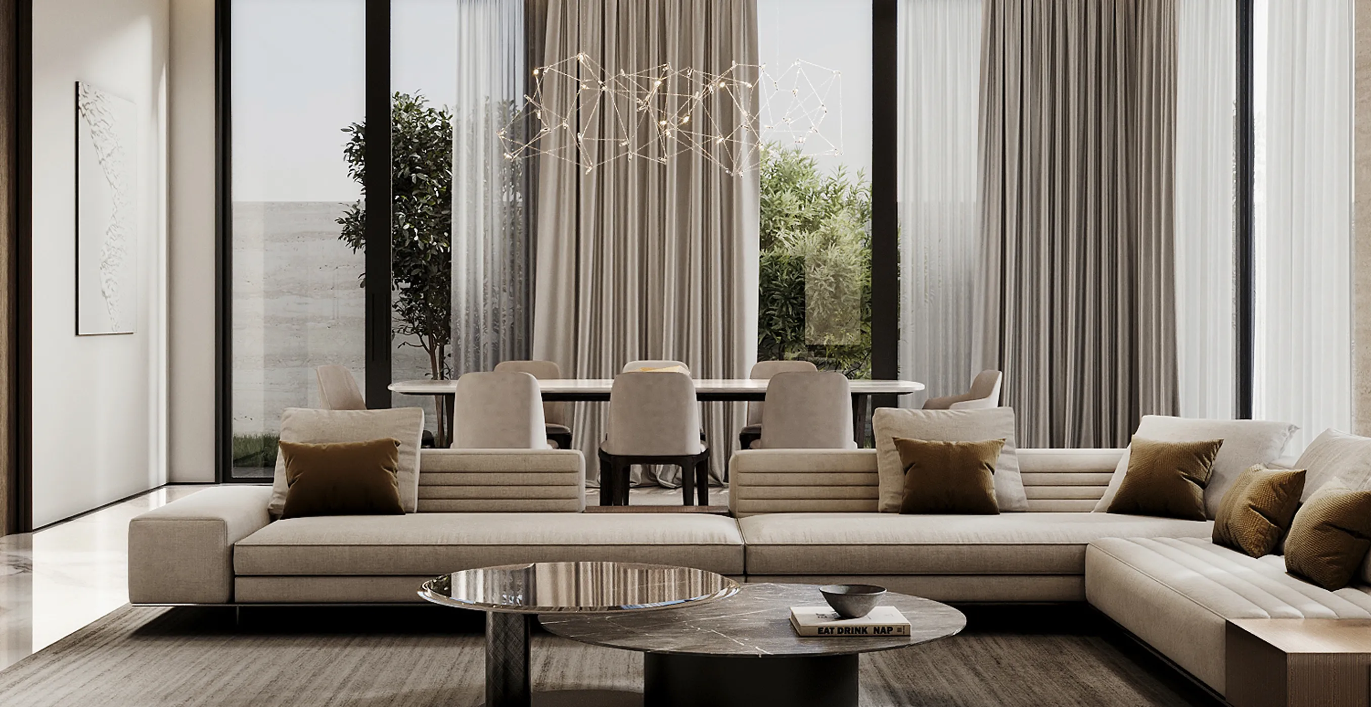 Luxury living area interior with open-plan design and floor-to-ceiling windows. 