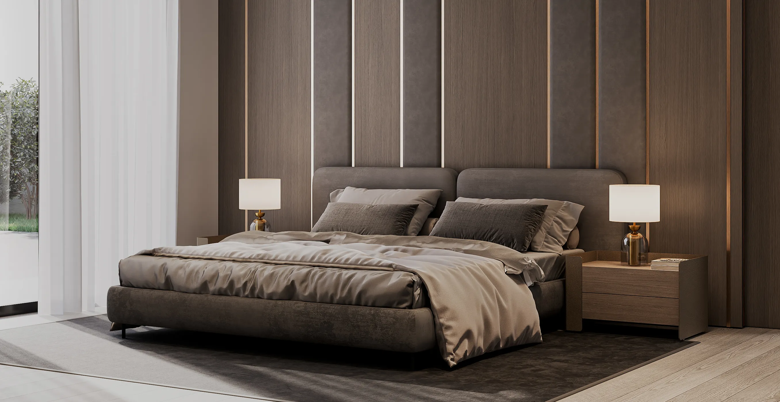 Luxury bedroom interior with upholstered bed and darkwood-toned wall panels in a private villa.