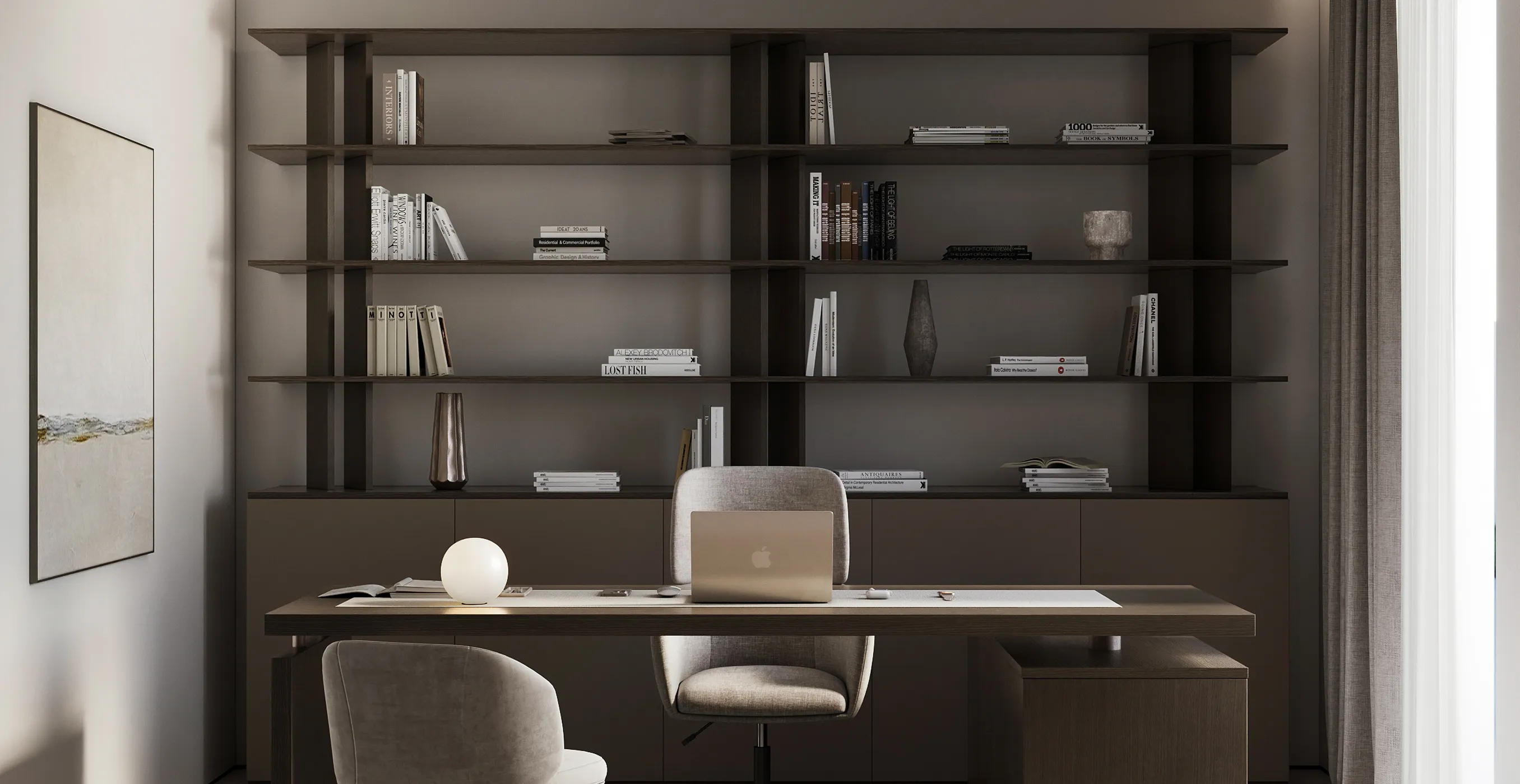 Modern home office with wooden shelves and expansive windows in a private villa.