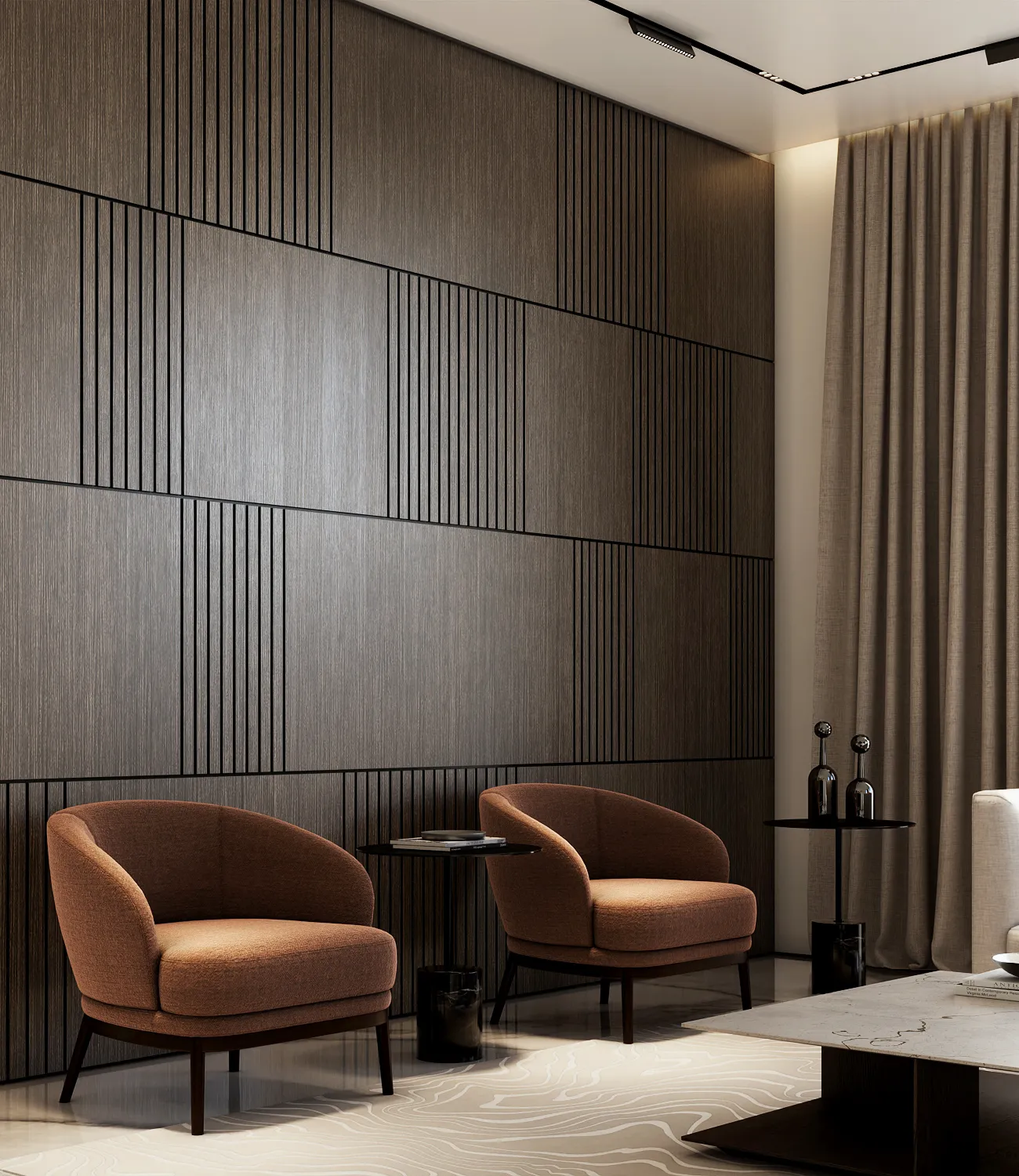 Contemporary space in a private villa featuring custom-designed armchairs and a dark coffee table in Al Barari.