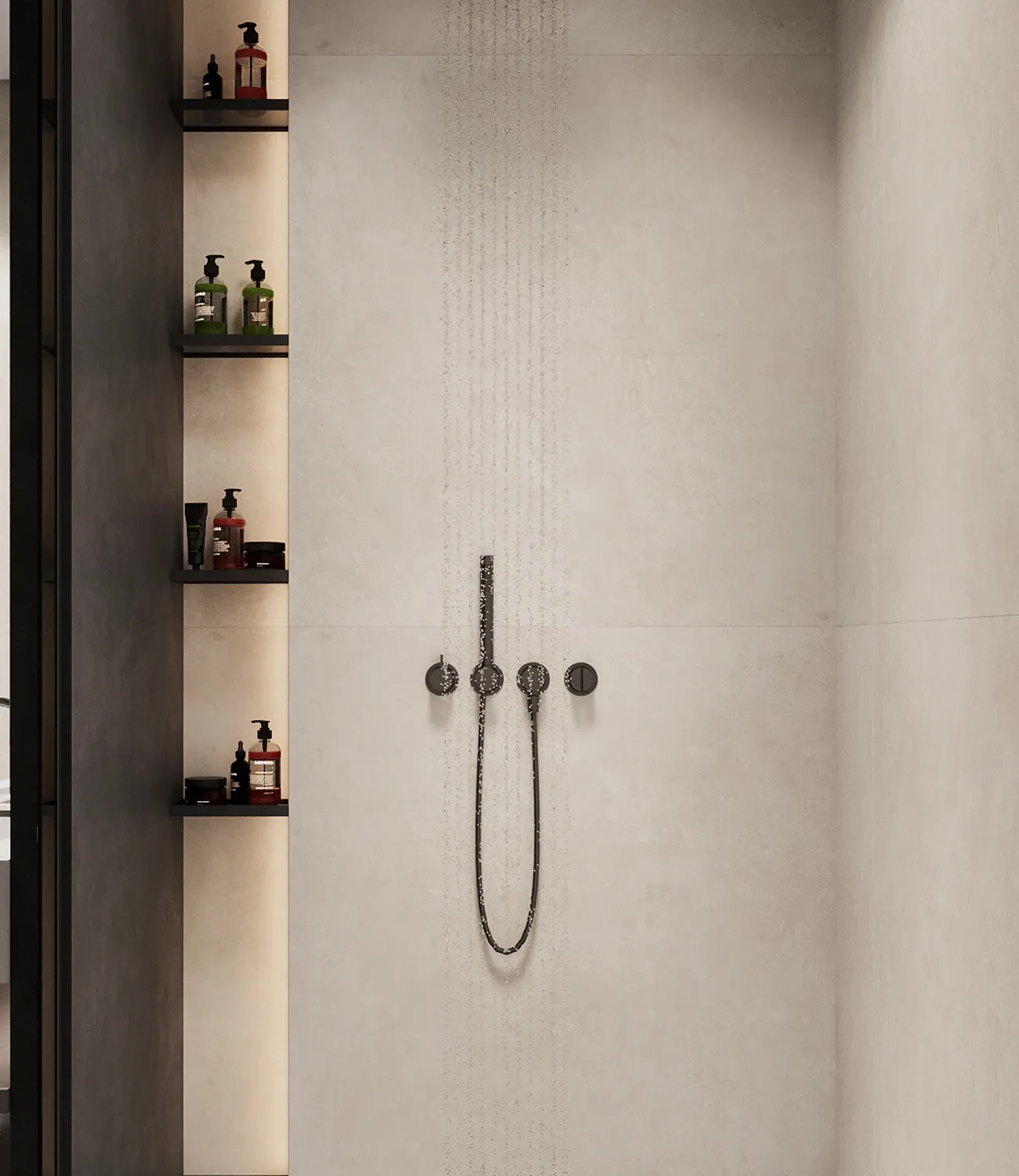 Luxury shower area interior featuring a modular shower and recessed shelves.