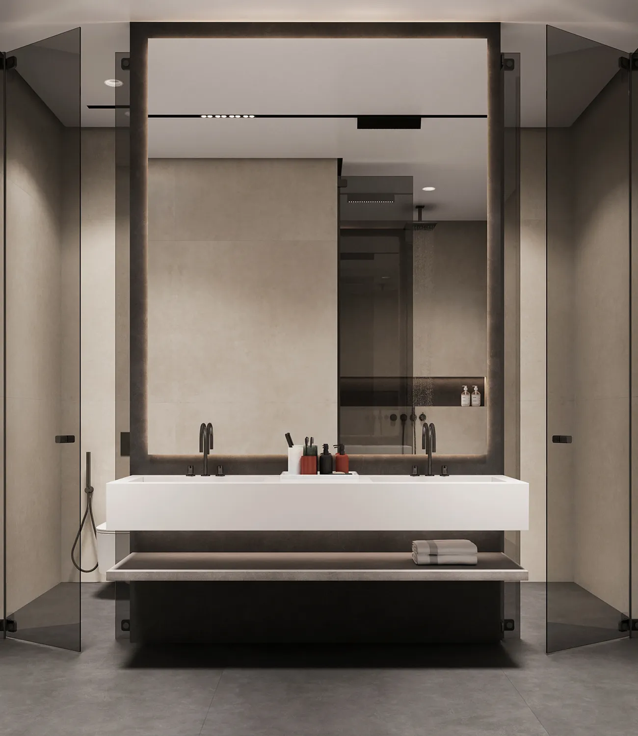 Luxury shower area interior featuring a modular shower and recessed shelves.