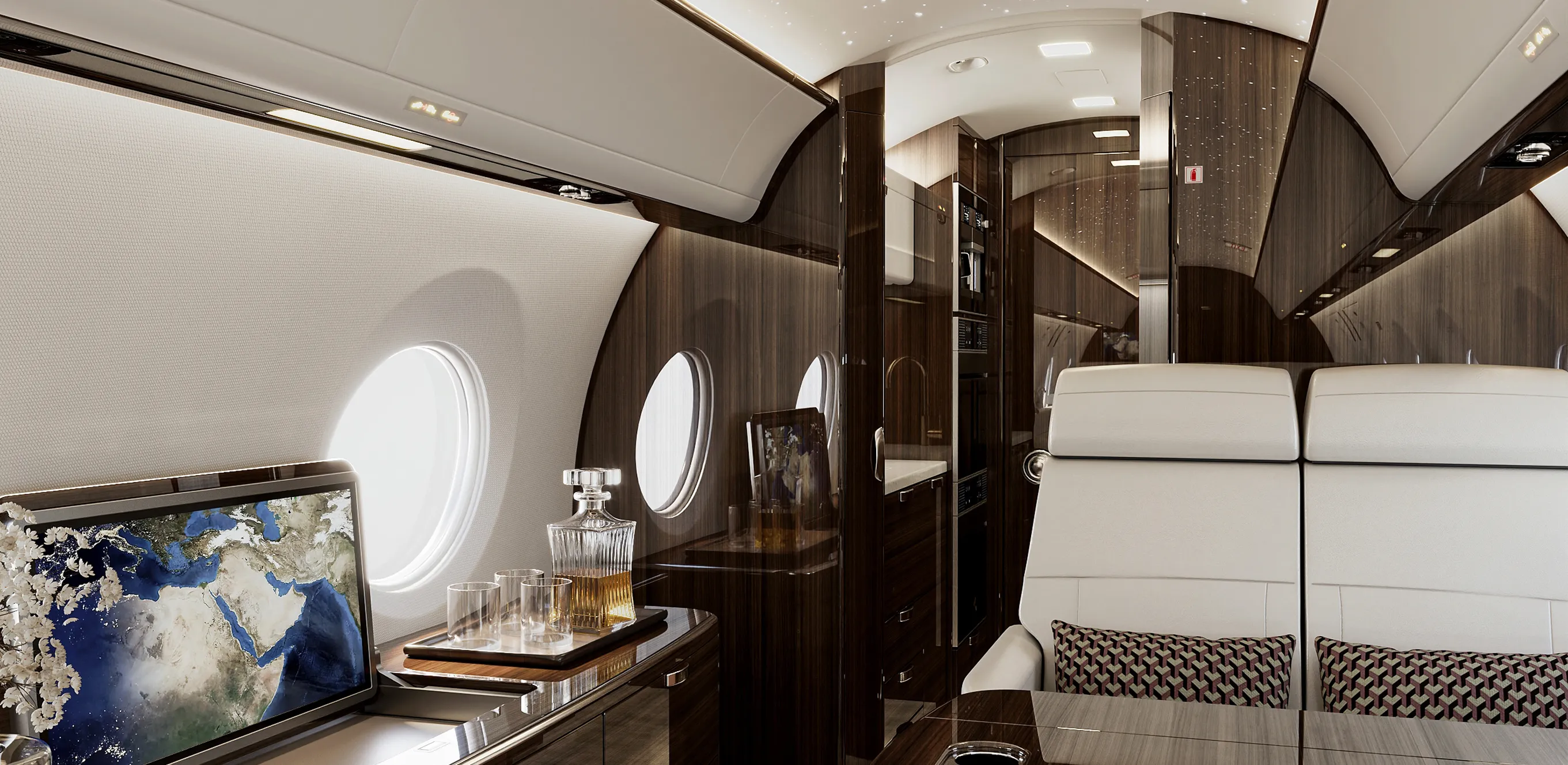 Luxurious private jet Gulfstream G650 interior design featuring plush seating and custom starlight ceiling.