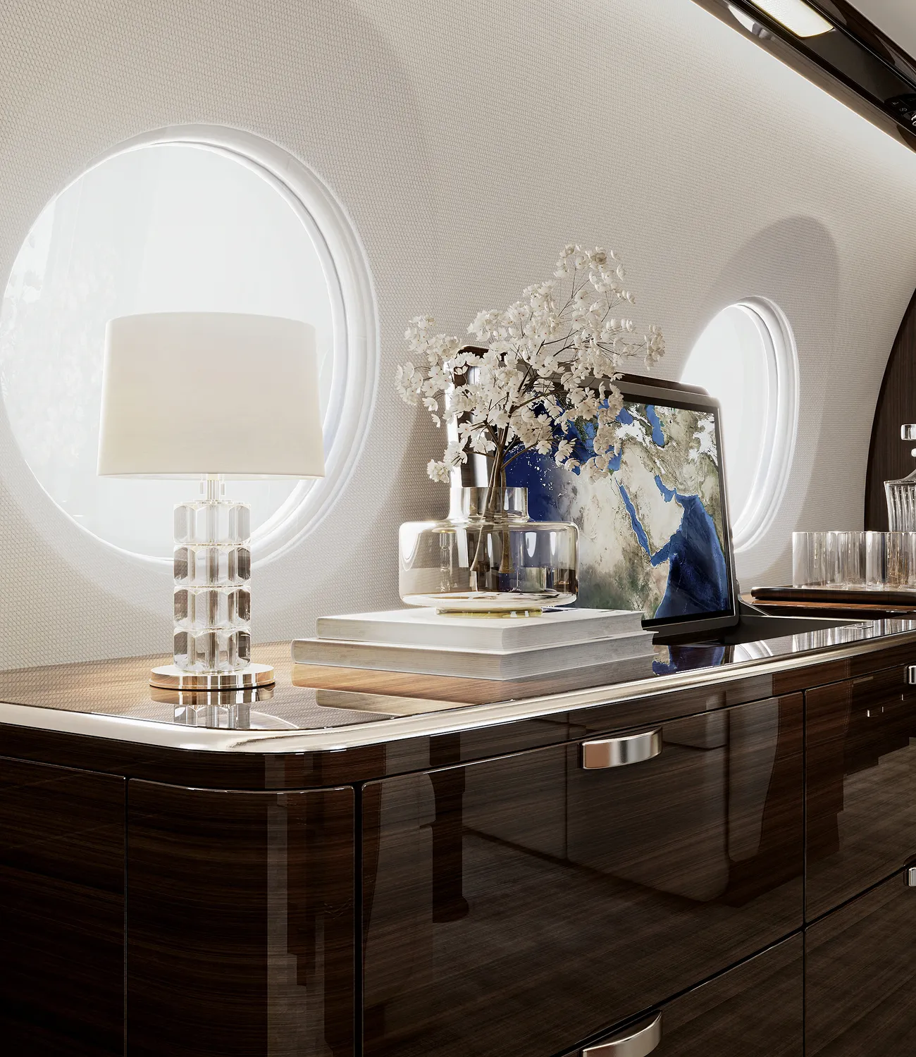 Luxurious Gulfstream G650 private jet cabin with beige seats, starlight ceiling, and wood paneling.