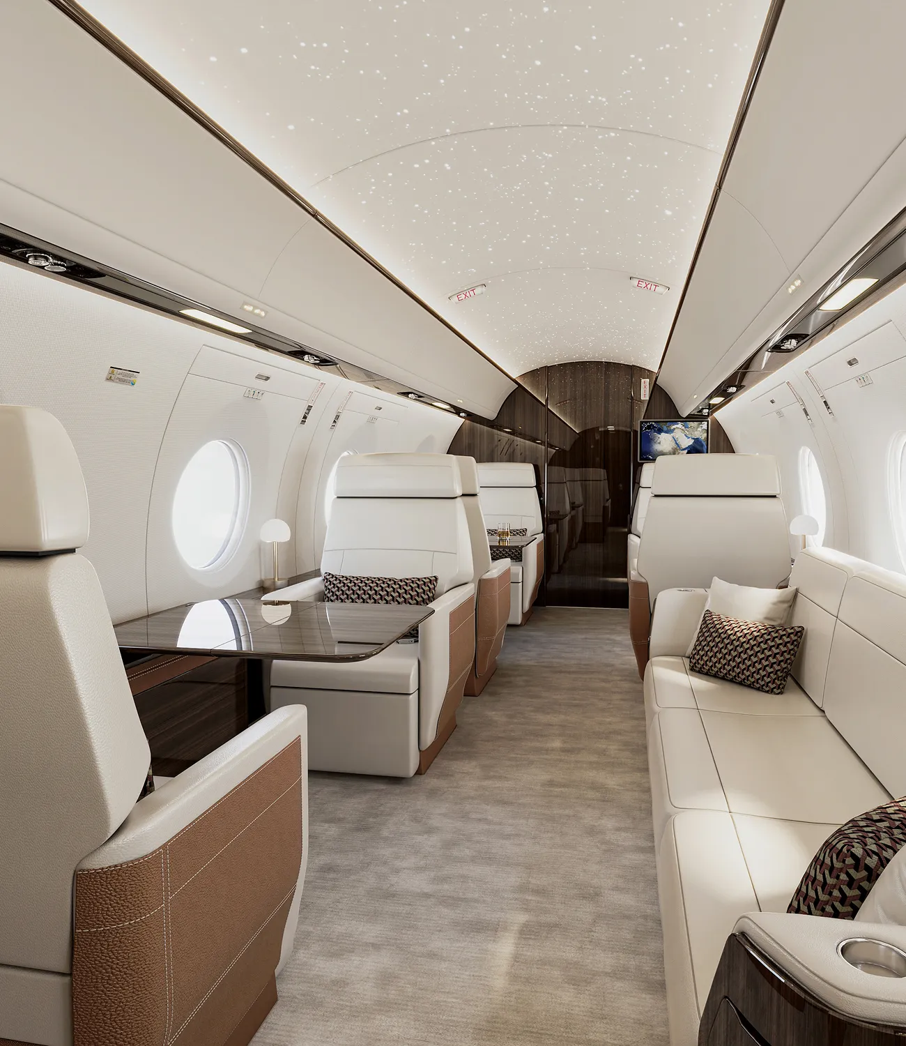 Aircraft interior design featuring a cream-colored seat and wall-mounted map display.