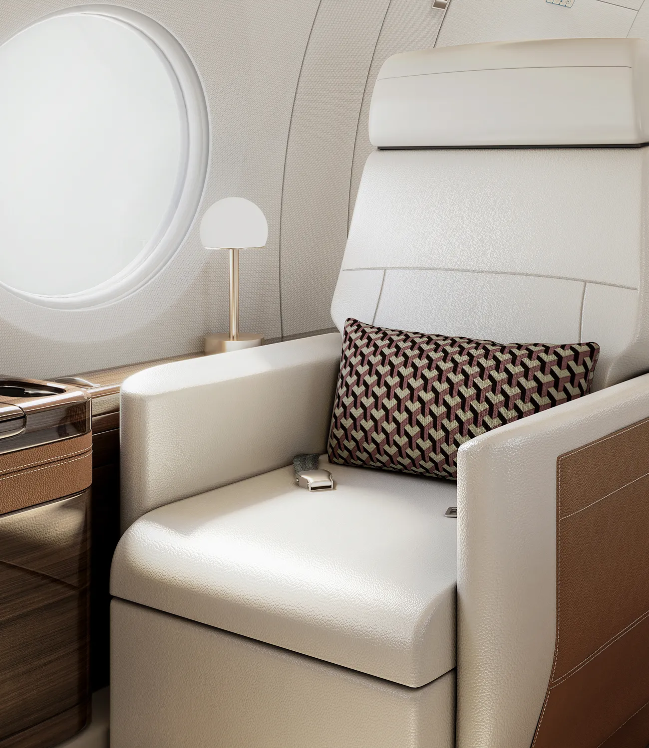 High-end private jet interior design featuring an upholstered seat and a dark wood table with leather accent.