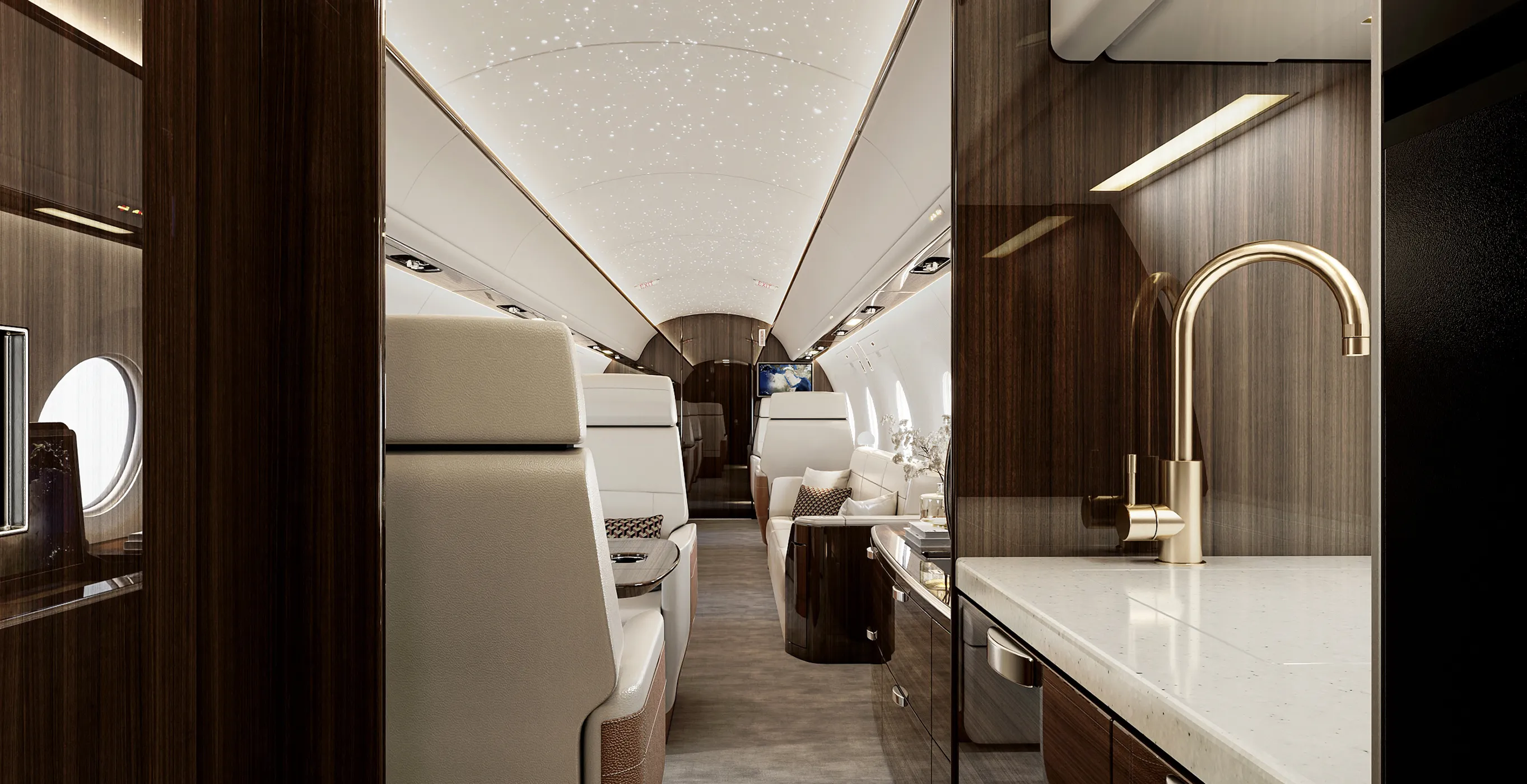 Private jet interior design featuring rows of plush white seats and a lamp-lit table.