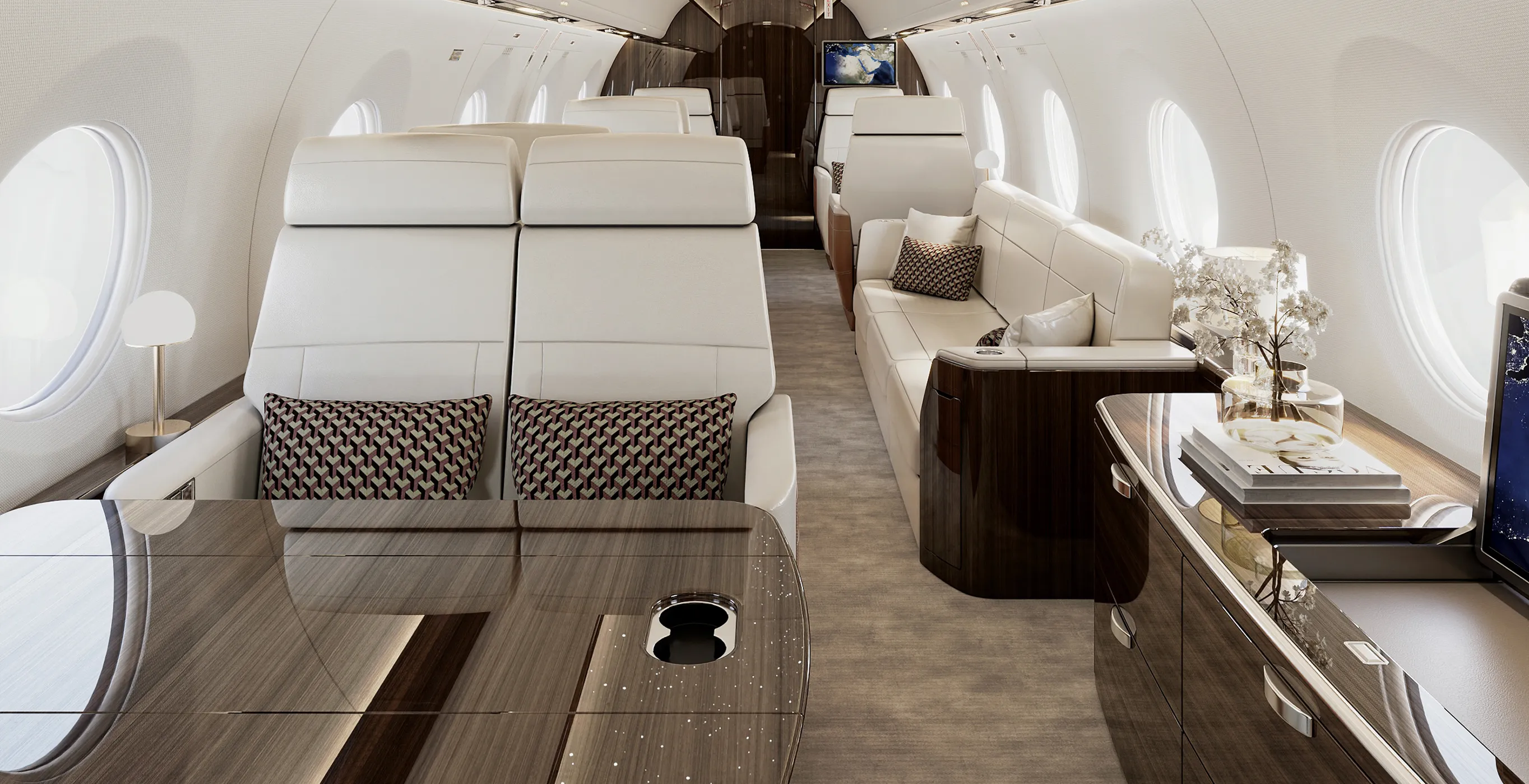 Gulfstream G650 jet cabin interior design featuring elegant seating and integrated lighting.