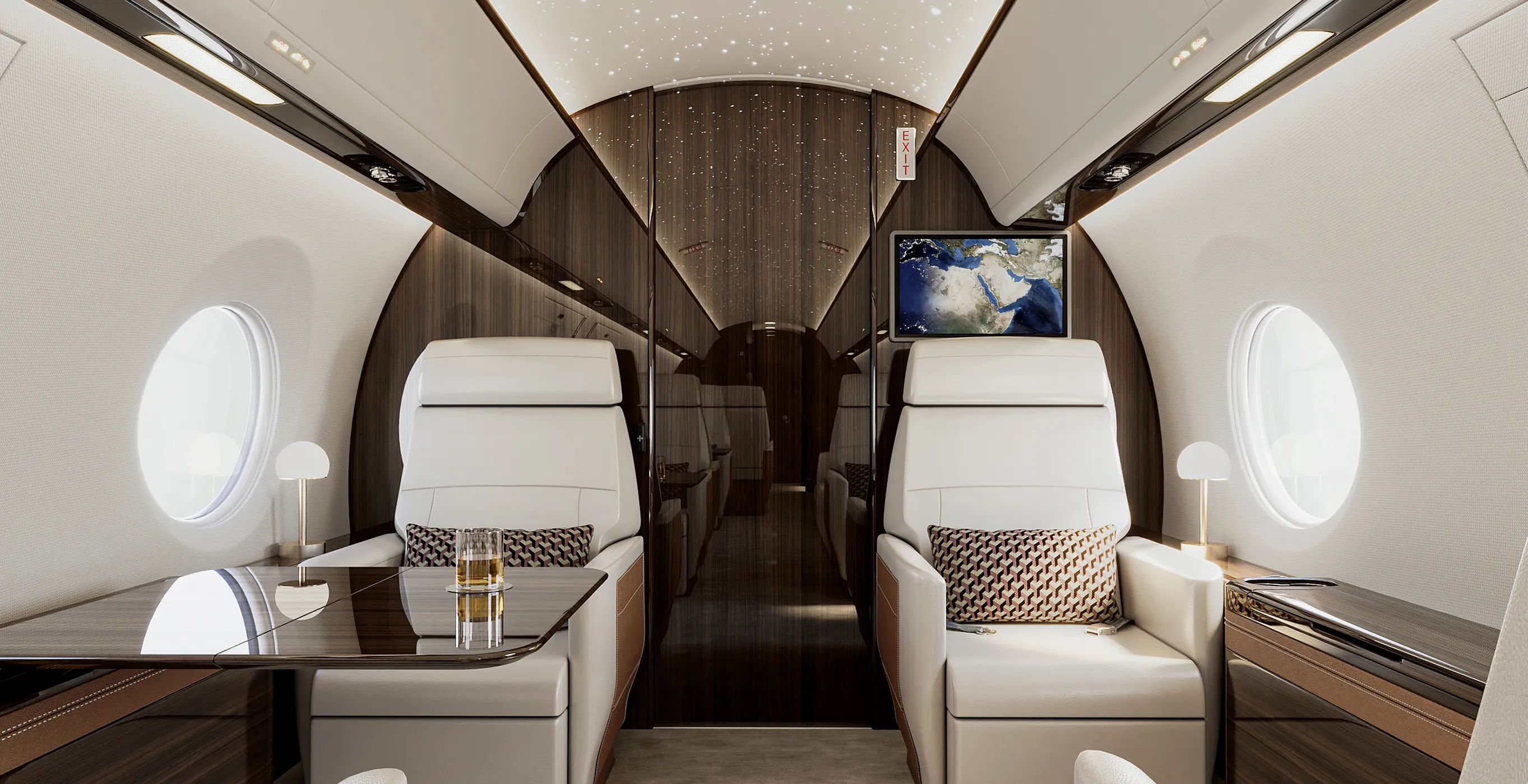 Luxury private jet cabin interior design featuring dark wood paneling and bespoke joinery.