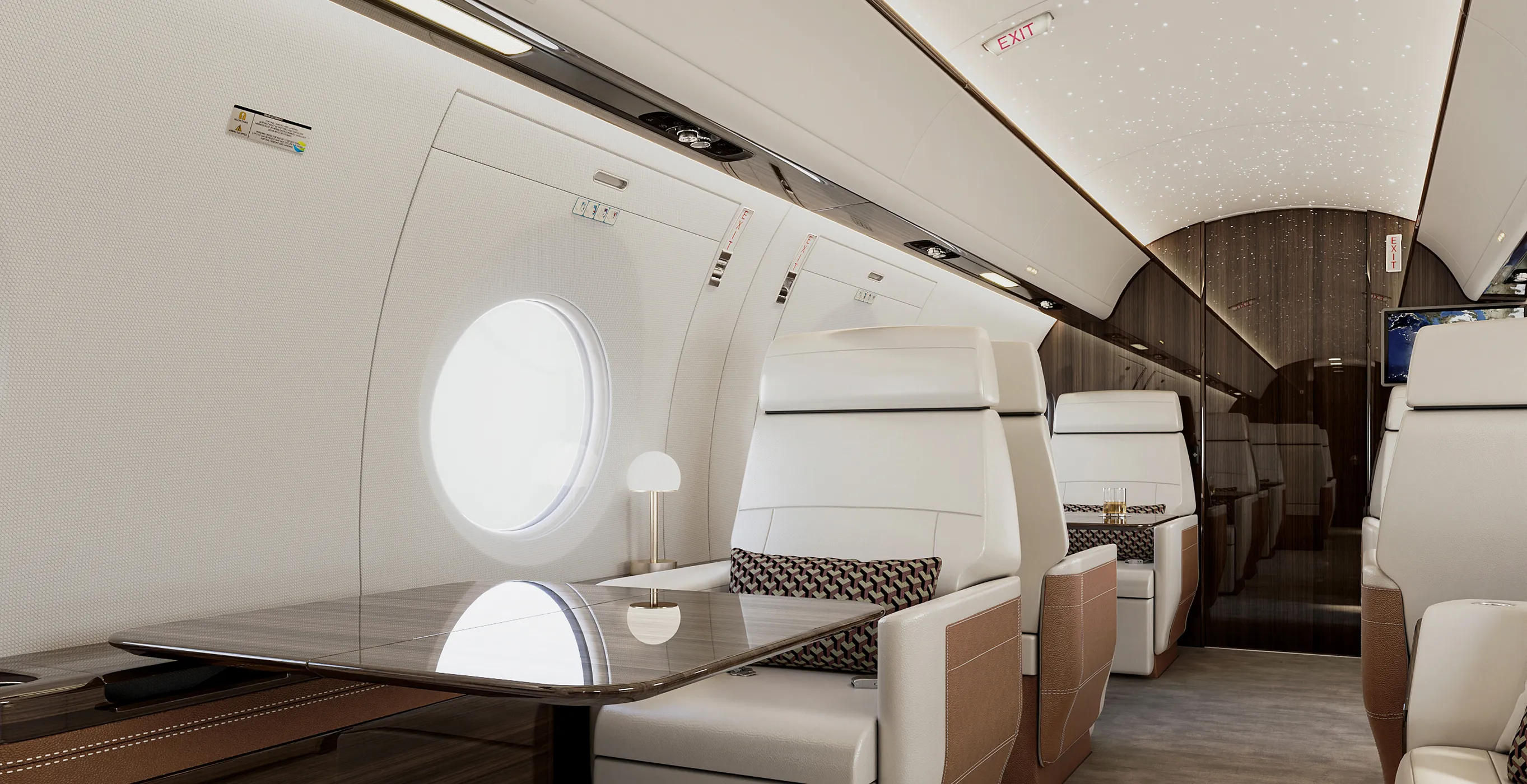 Private jet cabin interior design with leather seating and a glossy wood table.