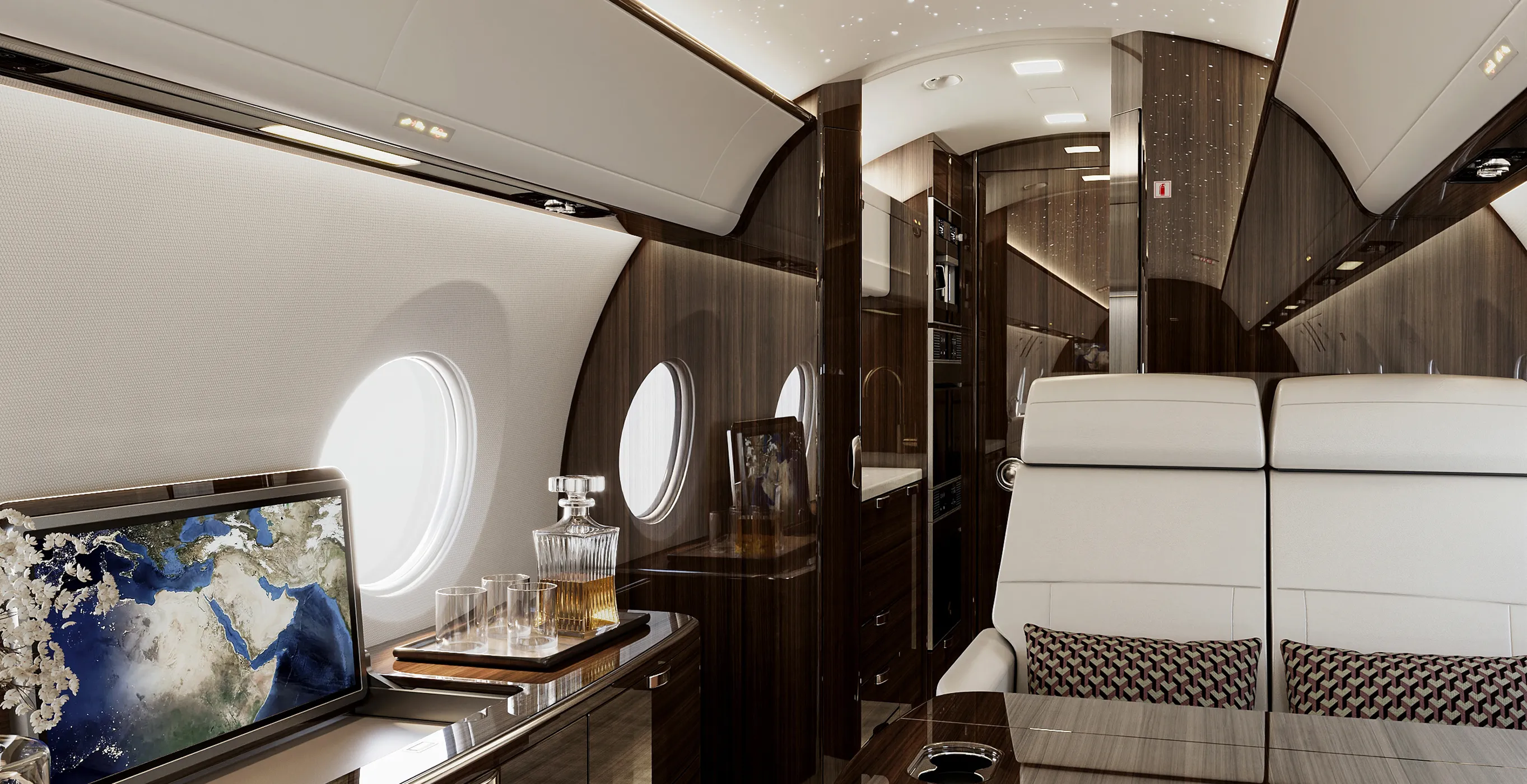 Luxurious Gulfstream G650 interior design featuring bespoke custom seating and dark wood panelling.