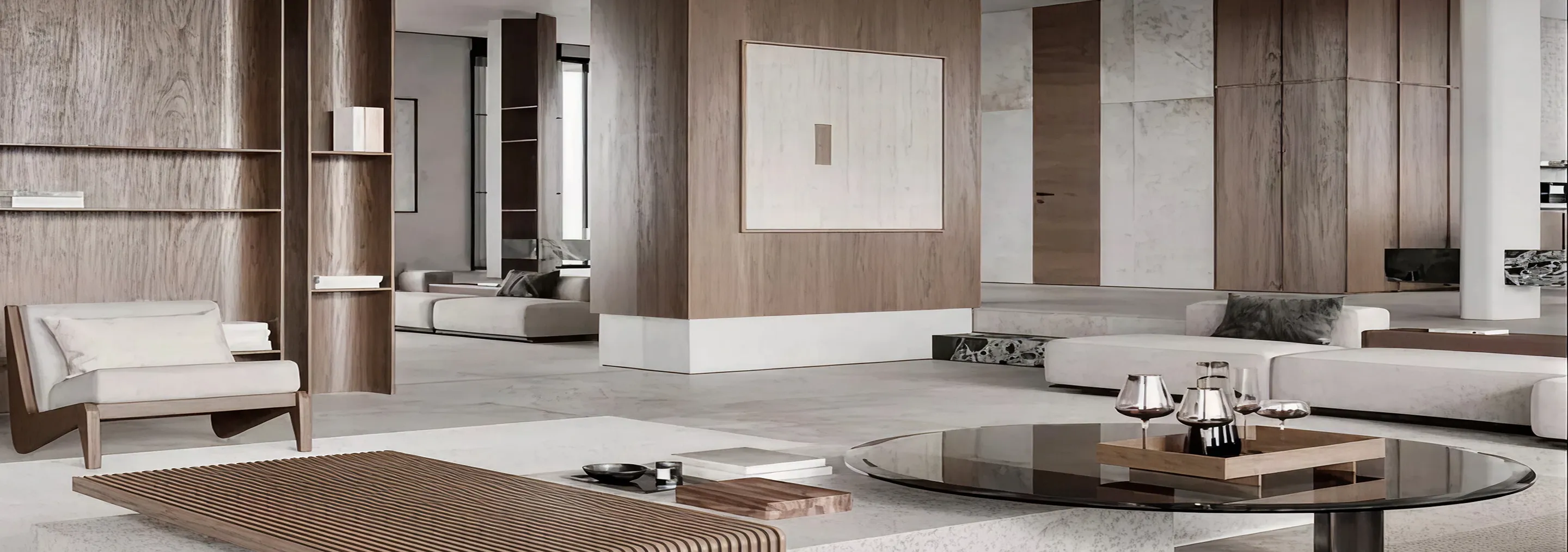 Modern villa interior with modular sofa and custom glass coffee table by Rayfitout.