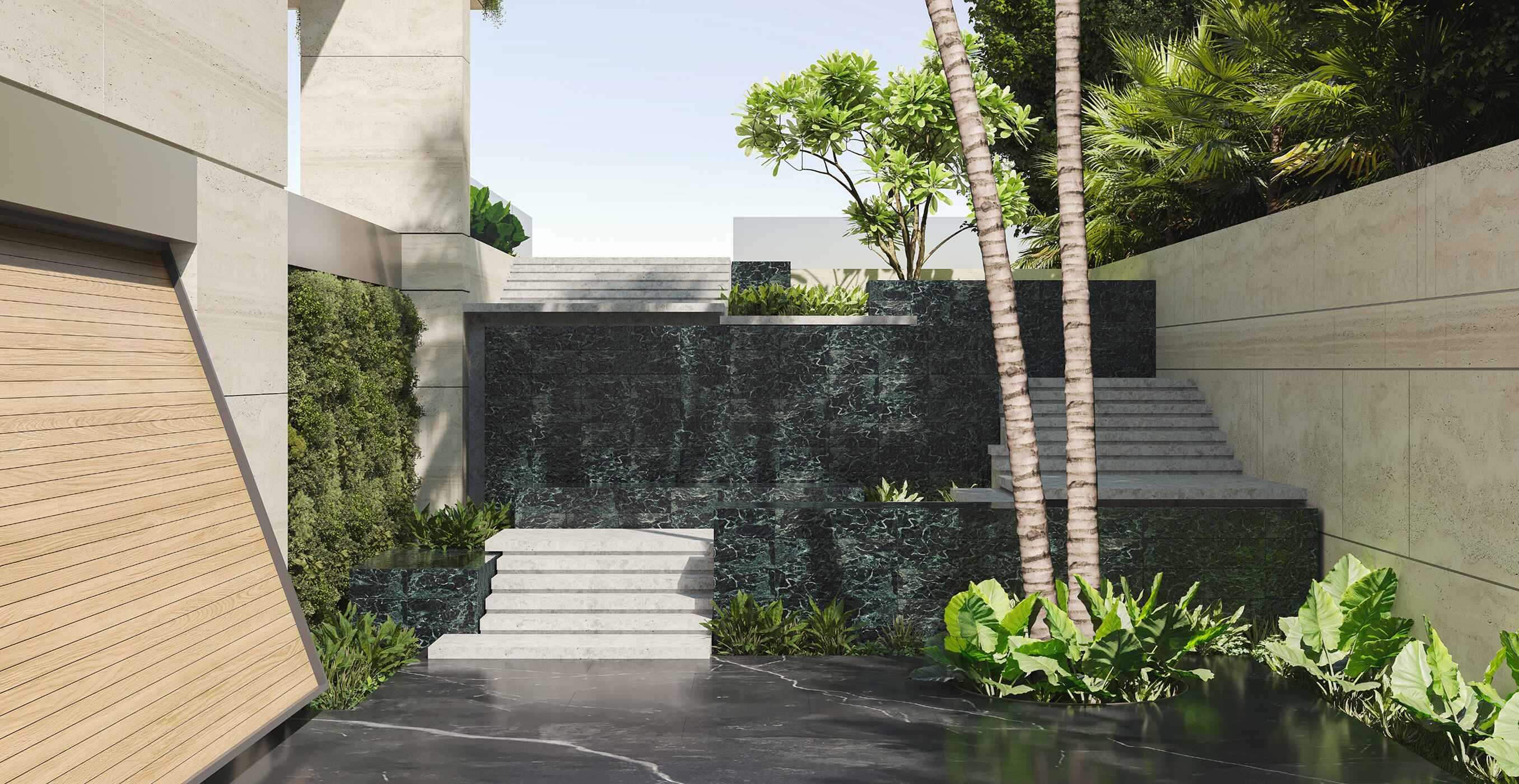 Custom villa courtyard in Abu Dhabi featuring glass facade and landscaped greenery.