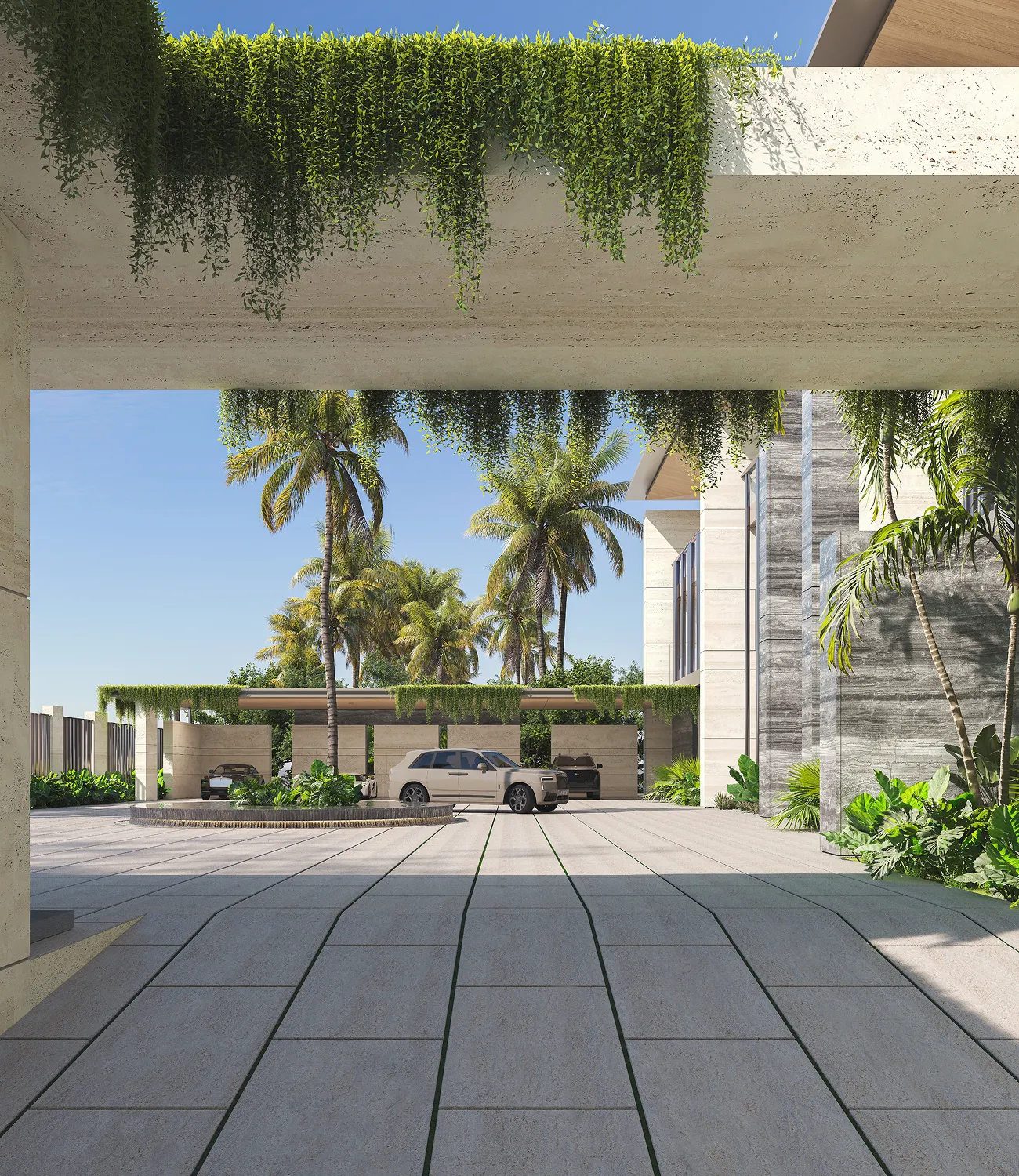 High-end outdoor space in a private villa with natural stone architecture and tropical plants.
