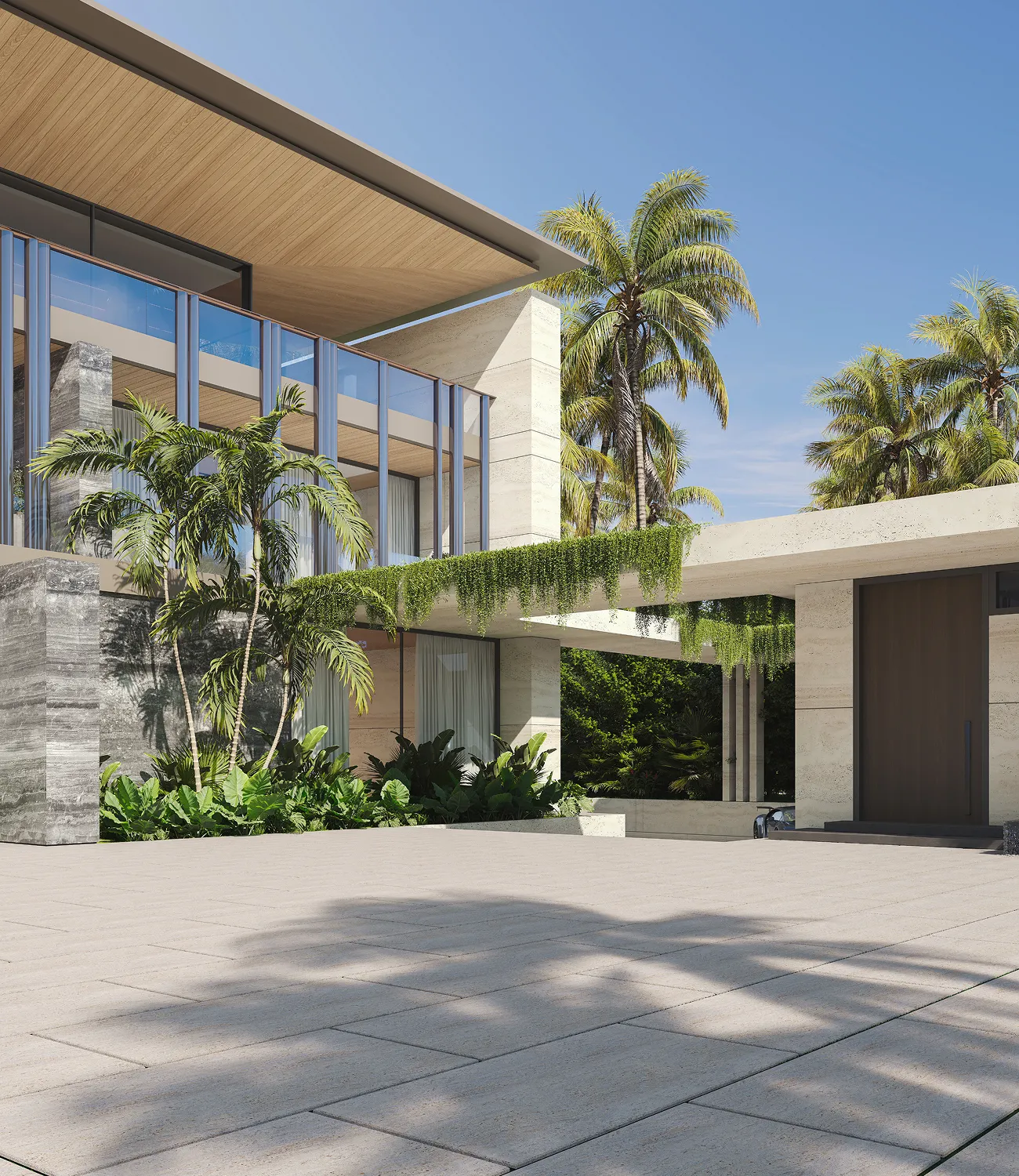 High-end villa interior featuring modern concrete carport and lush hanging plants.