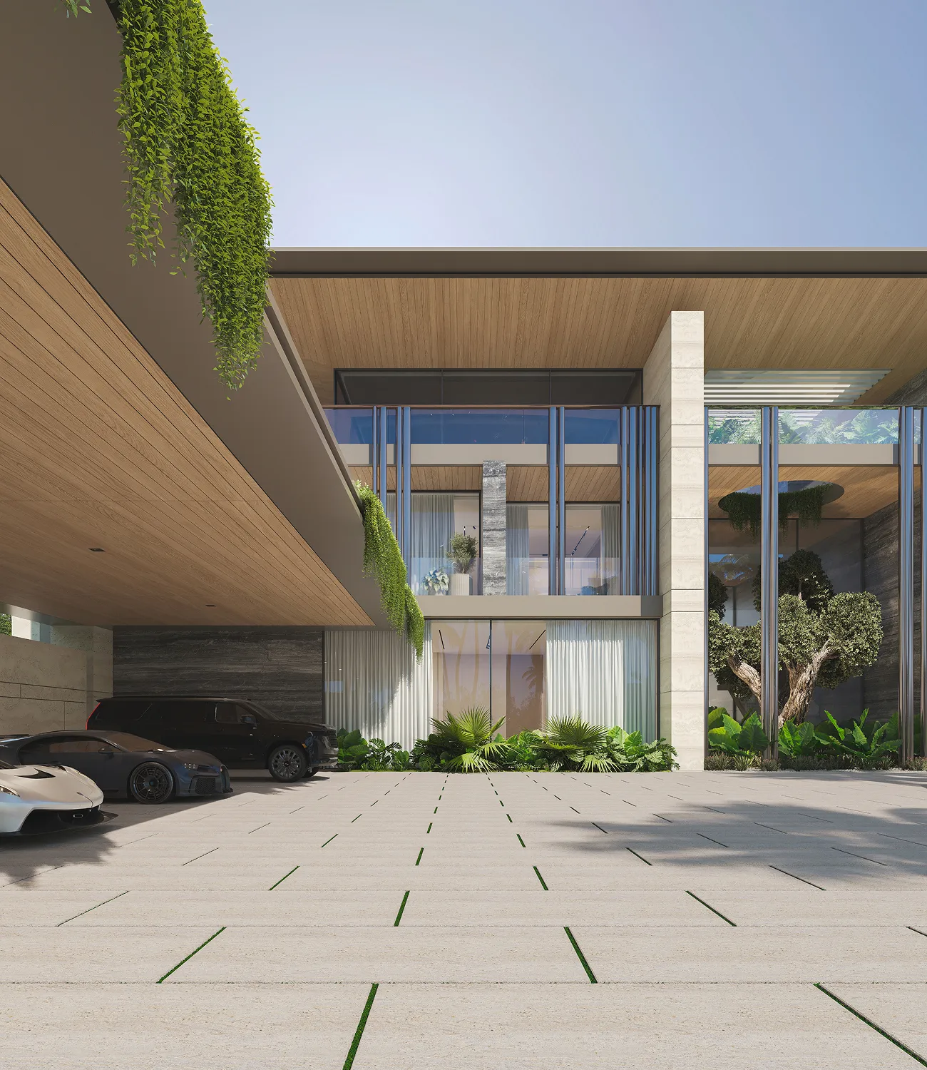Modern villa interior featuring glass facades and tropical plants.