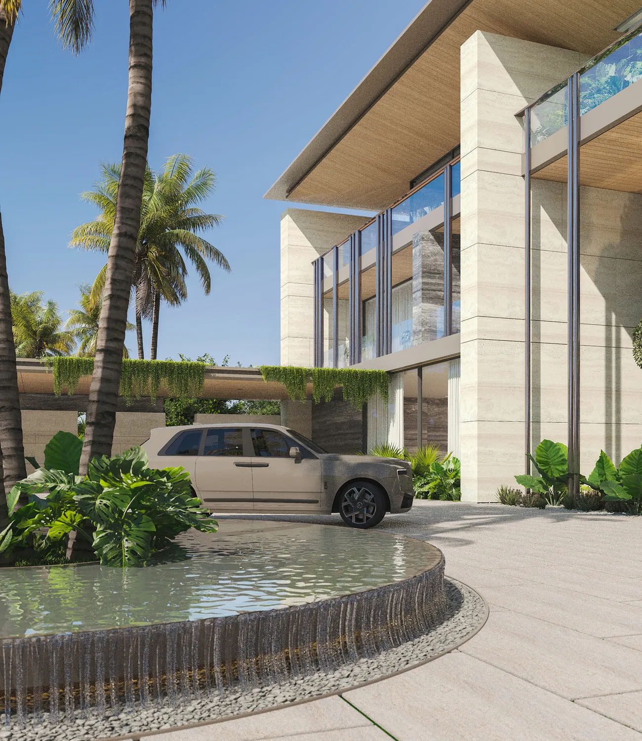 Luxury villa interior design in Jubail Island featuring a landscaped water feature.