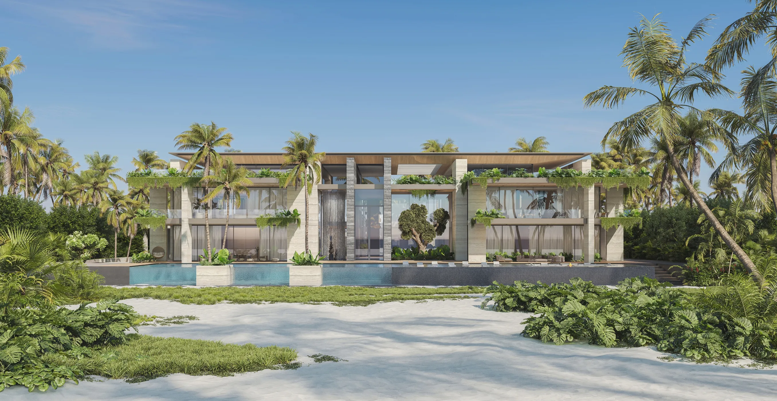 High-end villa in Jubail Island, Abu Dhabi, with travertine finishes and custom landscaped outdoors.