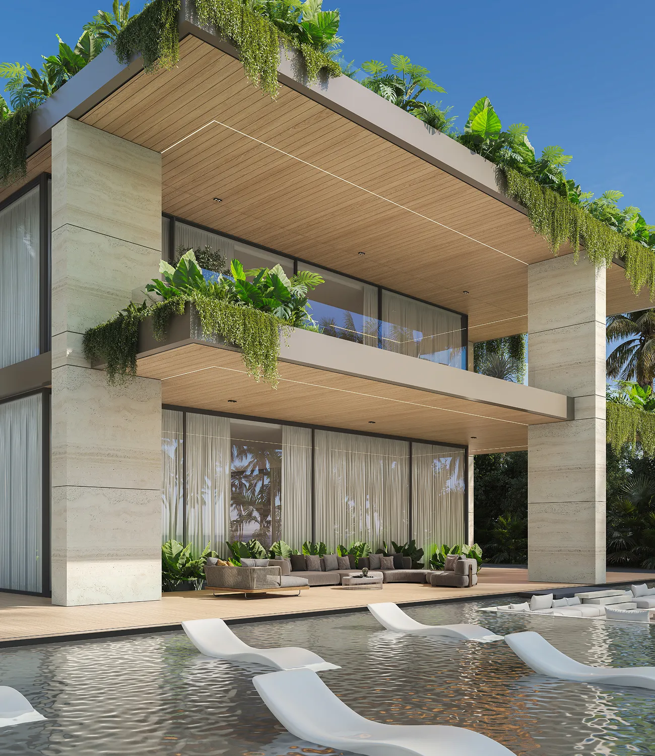 Contemporary house in Abu Dhabi featuring a built-in pool and tropical palm trees.