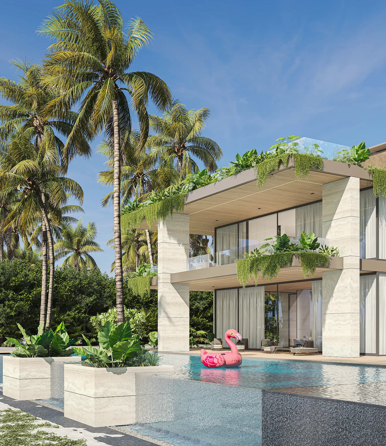 Luxury villa in Jubail Island with contemporary interior design, glass railings, and hanging plants.