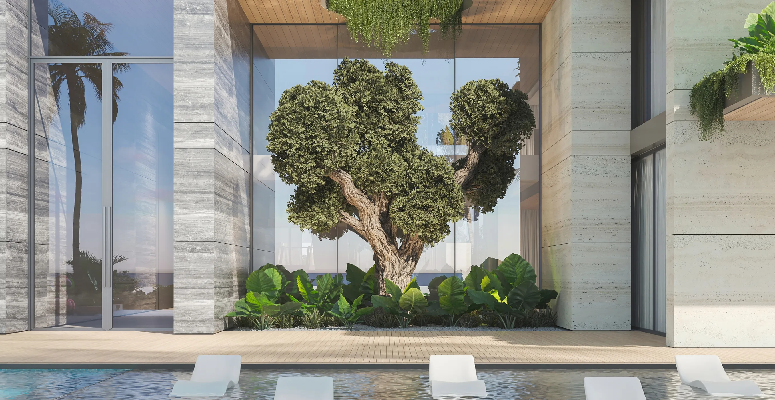 The Wraith Residence in Abu Dhabi highlights a luxury interior design featuring travertine stone, wood ceilings, and a pool terrace.