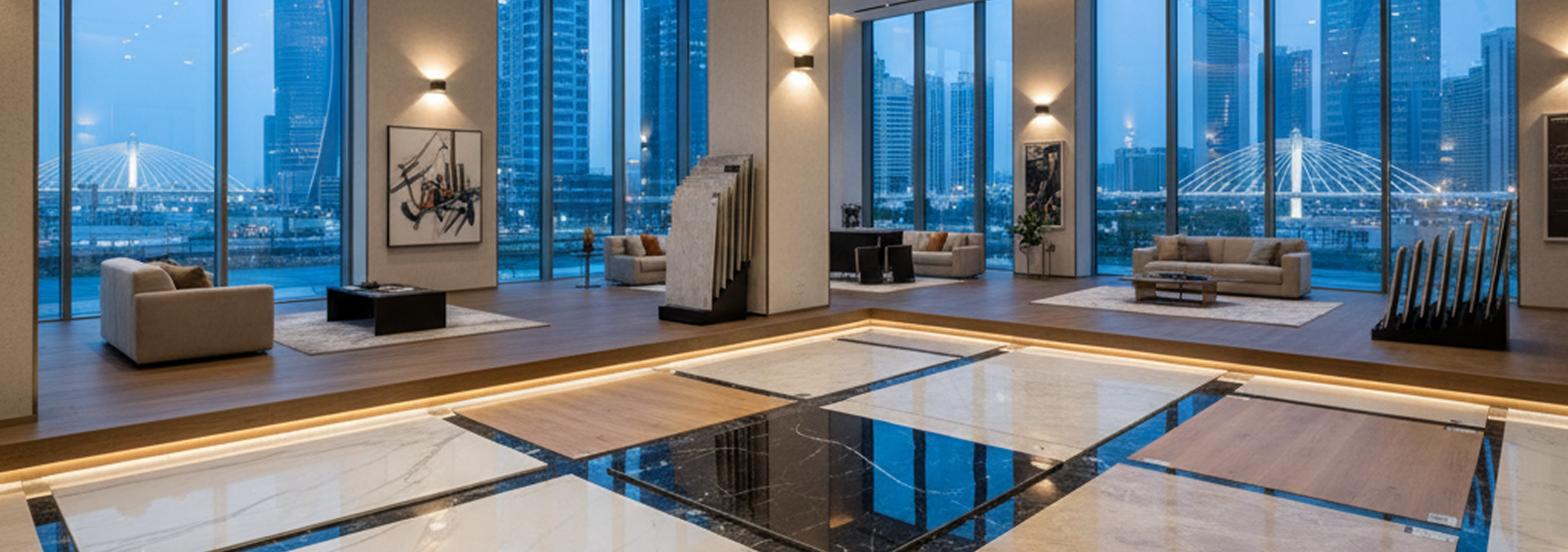 Interior materials for a luxury Dubai home, including marble, porcelain, and wood finishes