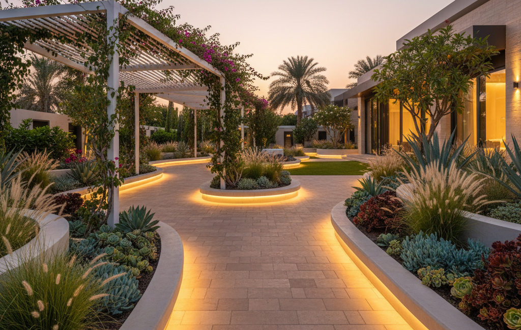 Softscape and hardscape in a Dubai villa landscape