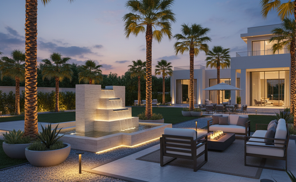 Landscaped Dubai villa garden with planting and pool