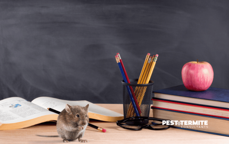 mouse sitting on a school desk next to an apple and books