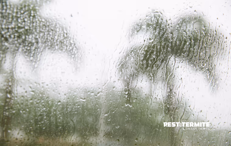 tropical storm with rain on window and palm trees blowing in wilmington nc