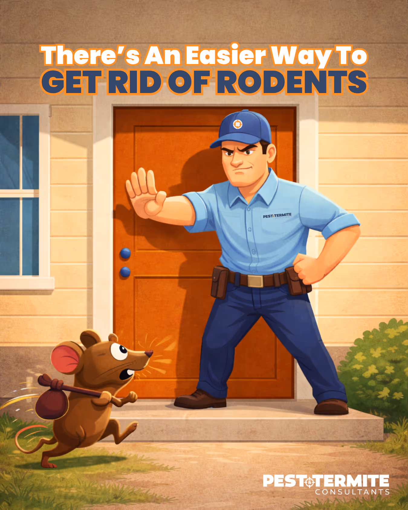 cartoon illustration of pest & termite consultants technician stopping a mouse