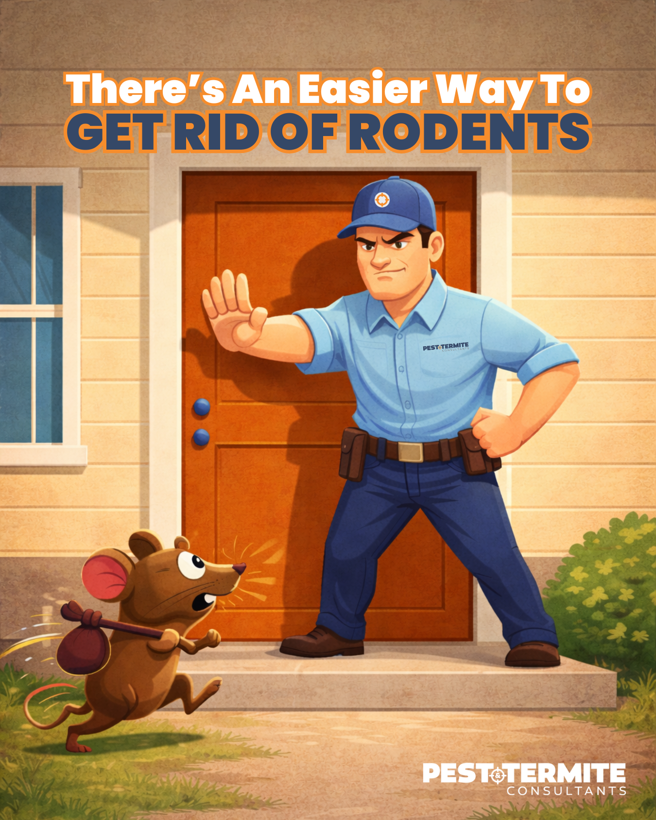 cartoon illustration of pest & termite consultants technician stopping a mouse